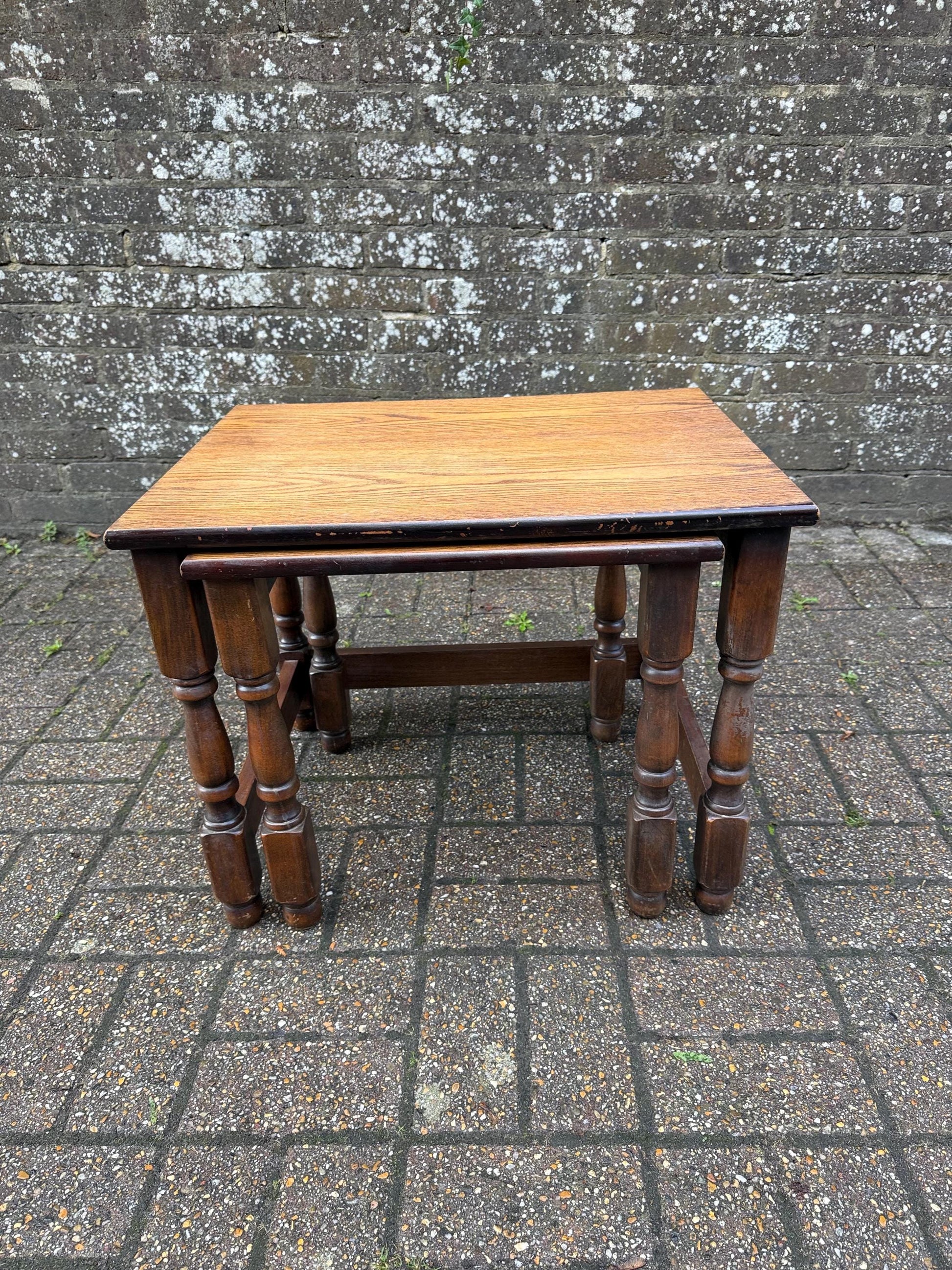 Two wonderful heavy quality vintage wooden tables - nest of 2 vintage tables, occasional side tables, vintage tables, plant stands.