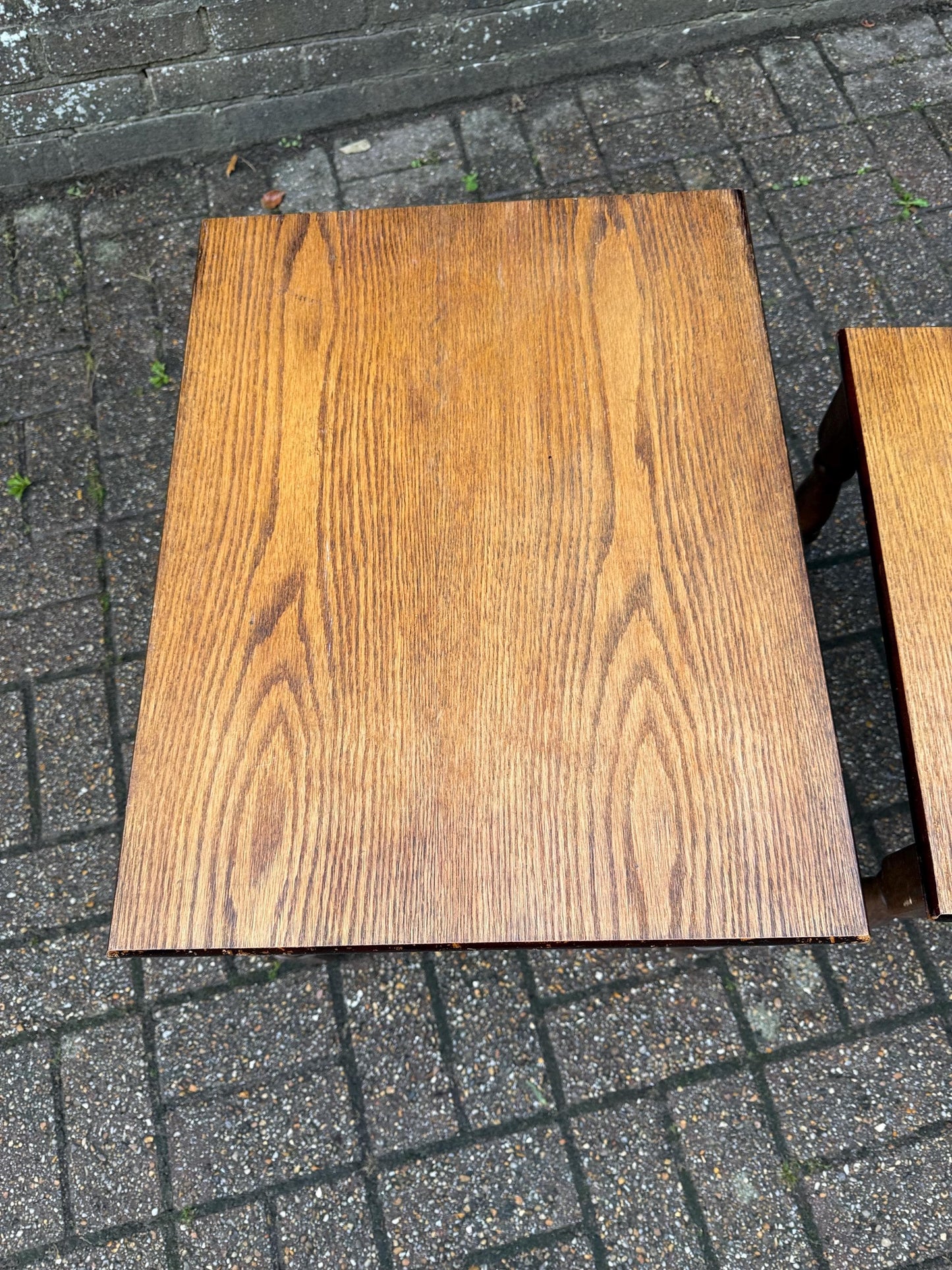 Two wonderful heavy quality vintage wooden tables - nest of 2 vintage tables, occasional side tables, vintage tables, plant stands.