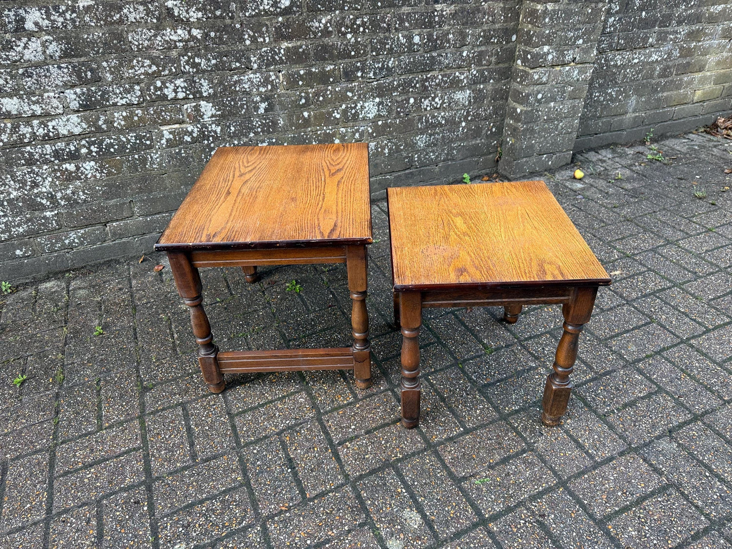 Two wonderful heavy quality vintage wooden tables - nest of 2 vintage tables, occasional side tables, vintage tables, plant stands.