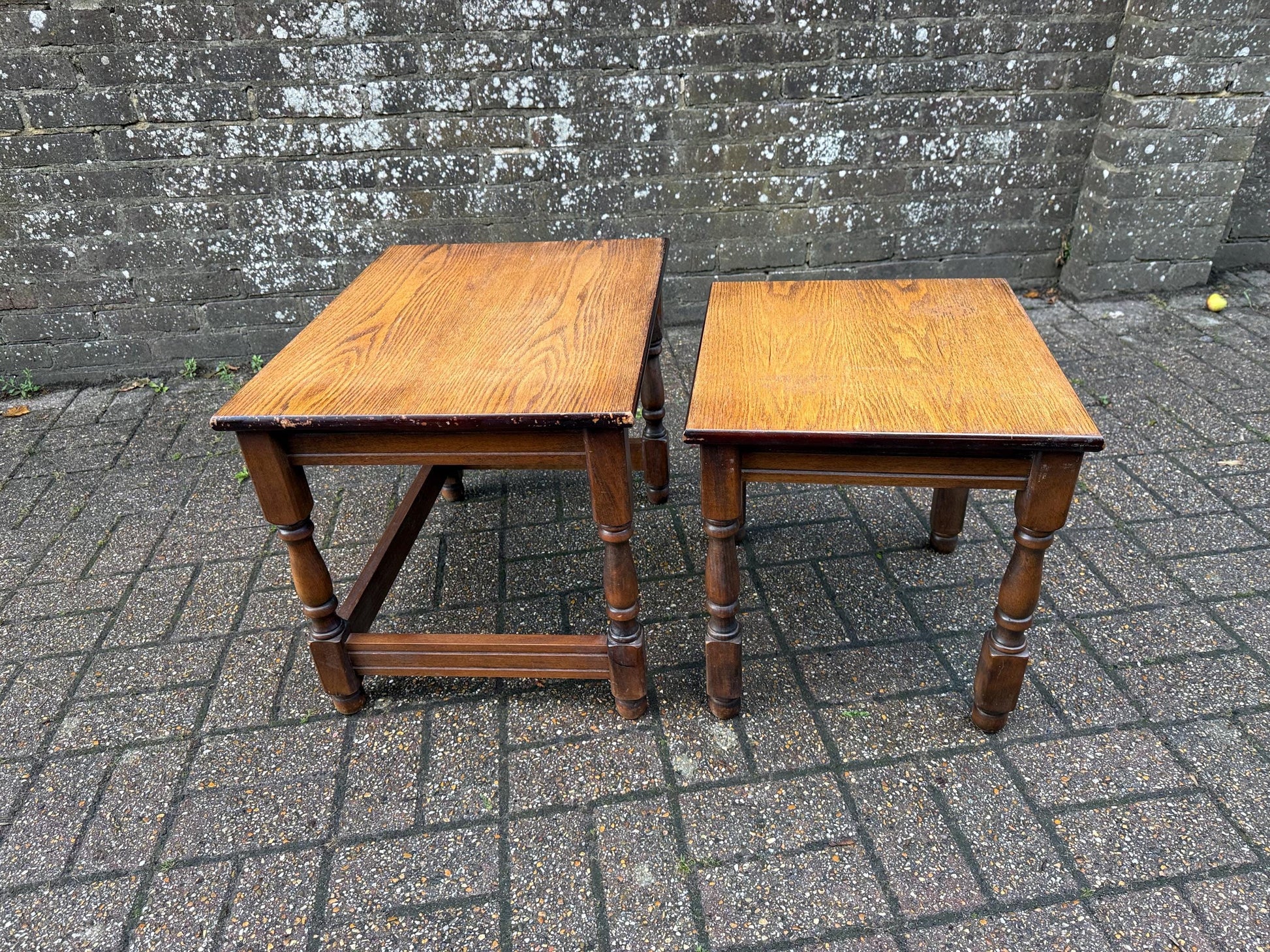 Two wonderful heavy quality vintage wooden tables - nest of 2 vintage tables, occasional side tables, vintage tables, plant stands.