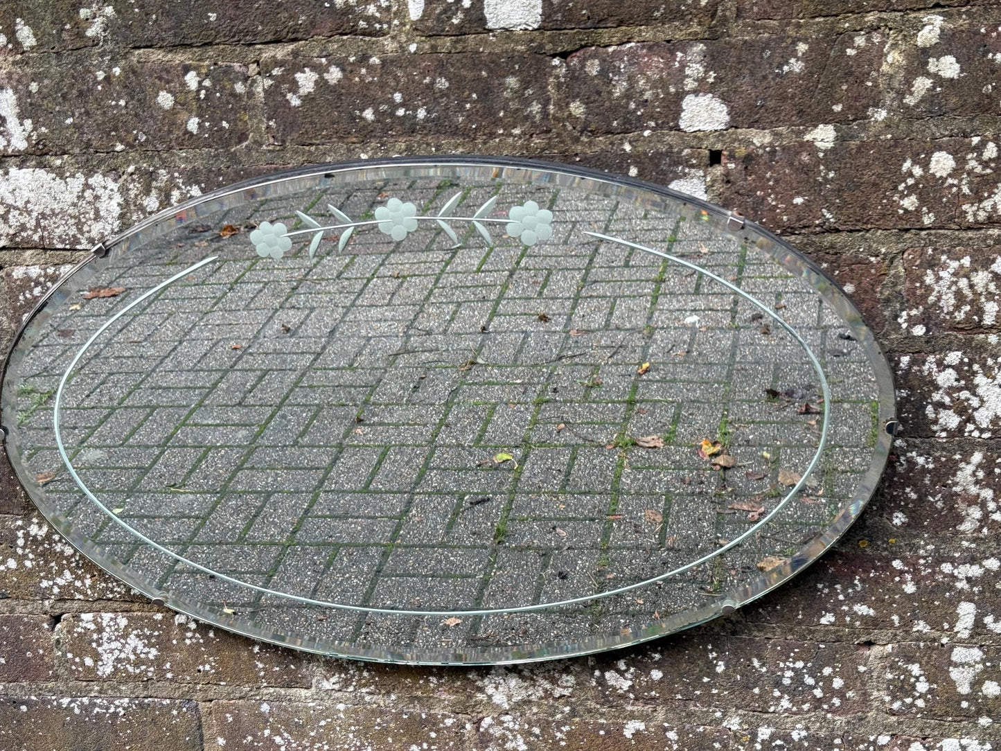 Excellent early mid 1900s Frameless Oval Etched Mirror, large mirror 1930s-1950s, oval glass mirror, mid century mirror 68cm x 41cm