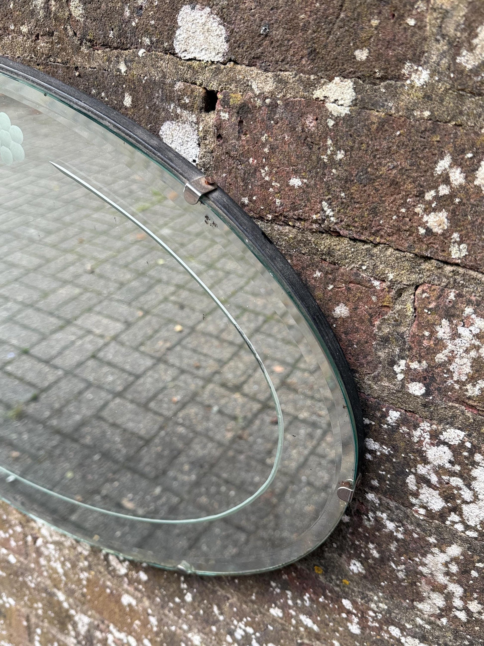 Excellent early mid 1900s Frameless Oval Etched Mirror, large mirror 1930s-1950s, oval glass mirror, mid century mirror 68cm x 41cm