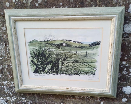 hand washed lithograph by Robert Taverner of Beachy Head - lots of greens and black