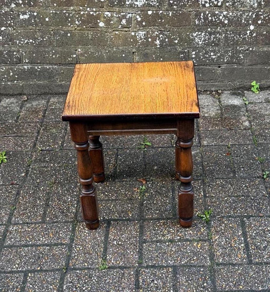 mid century hardwood heavy quality table. stripped top . great little plant stand and occasional table. turned legs