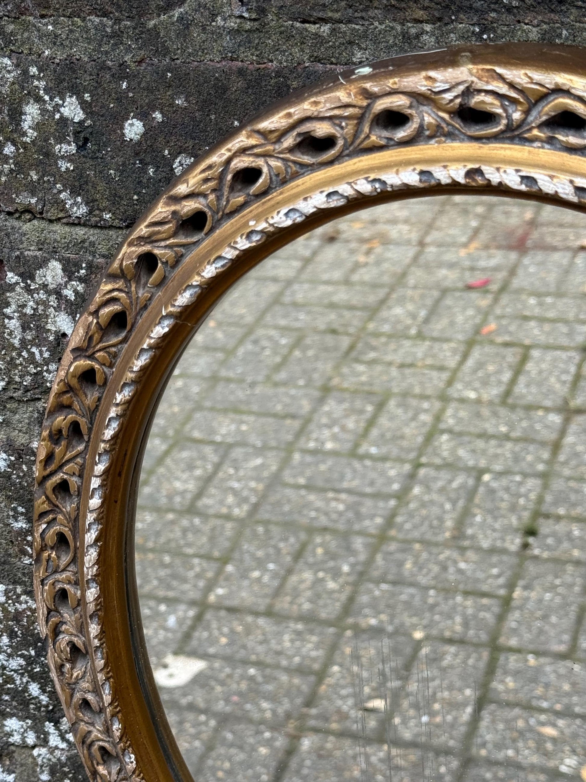 Pretty Vintage Gold Oval Mirror, small gold mirror, shabby chic finish.