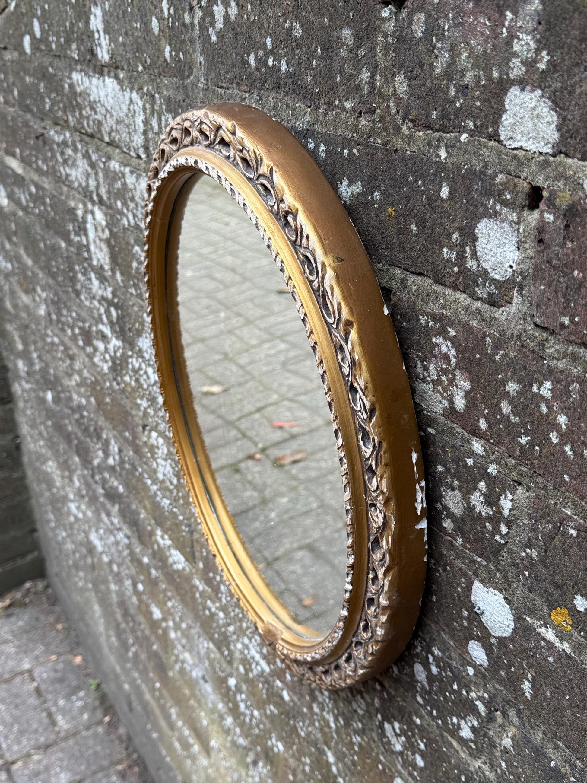 Pretty Vintage Gold Oval Mirror, small gold mirror, shabby chic finish.