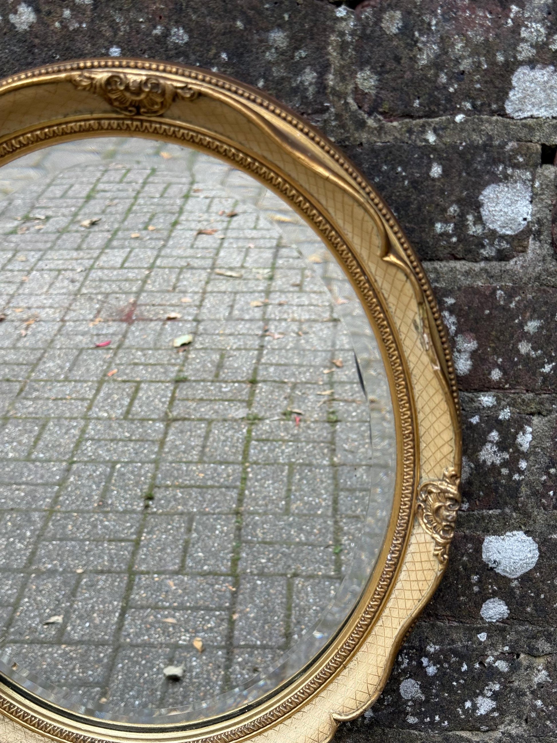 Gorgeous retro vintage mirror in cream and gold, Regency Style - small oval mirror