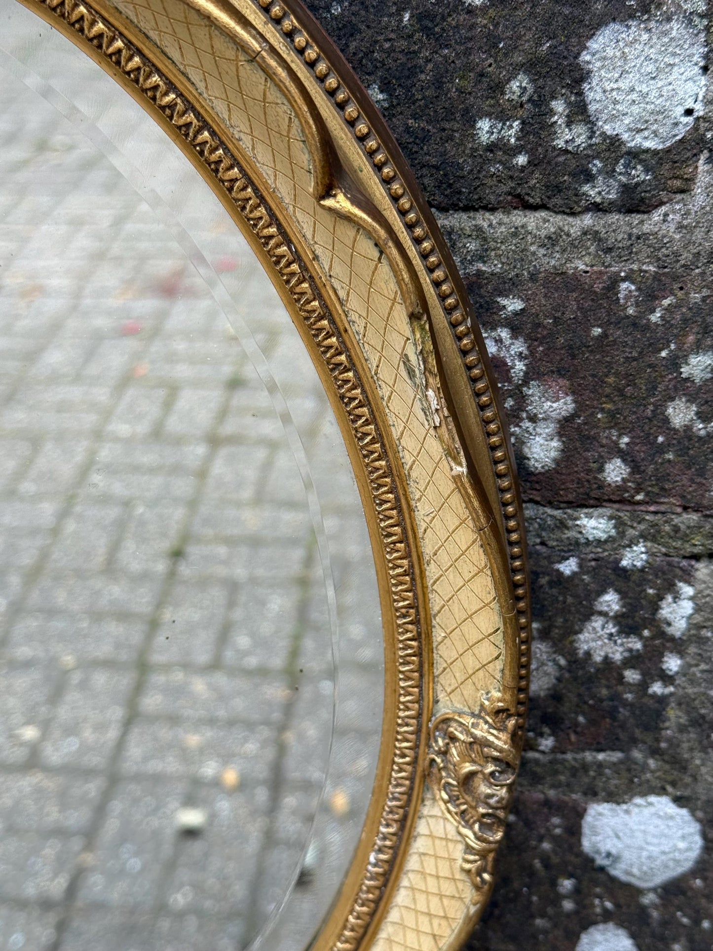 Gorgeous retro vintage mirror in cream and gold, Regency Style - small oval mirror