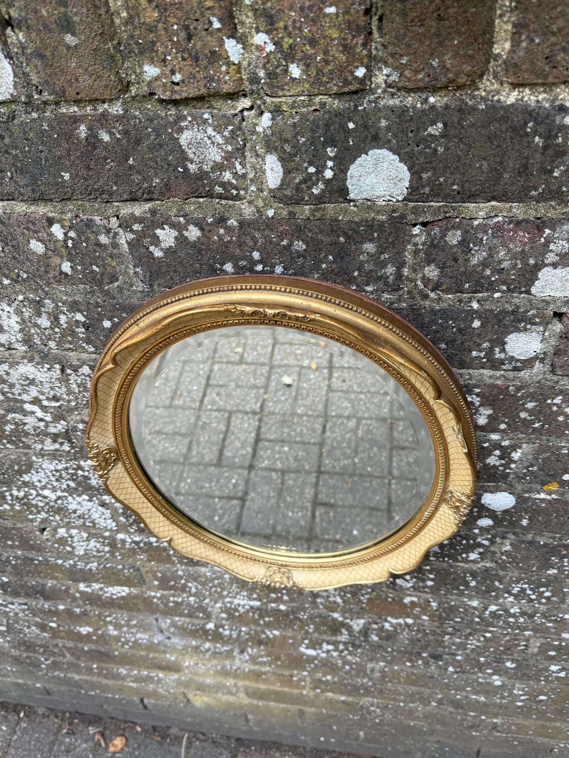 Gorgeous retro vintage mirror in cream and gold, Regency Style - small oval mirror