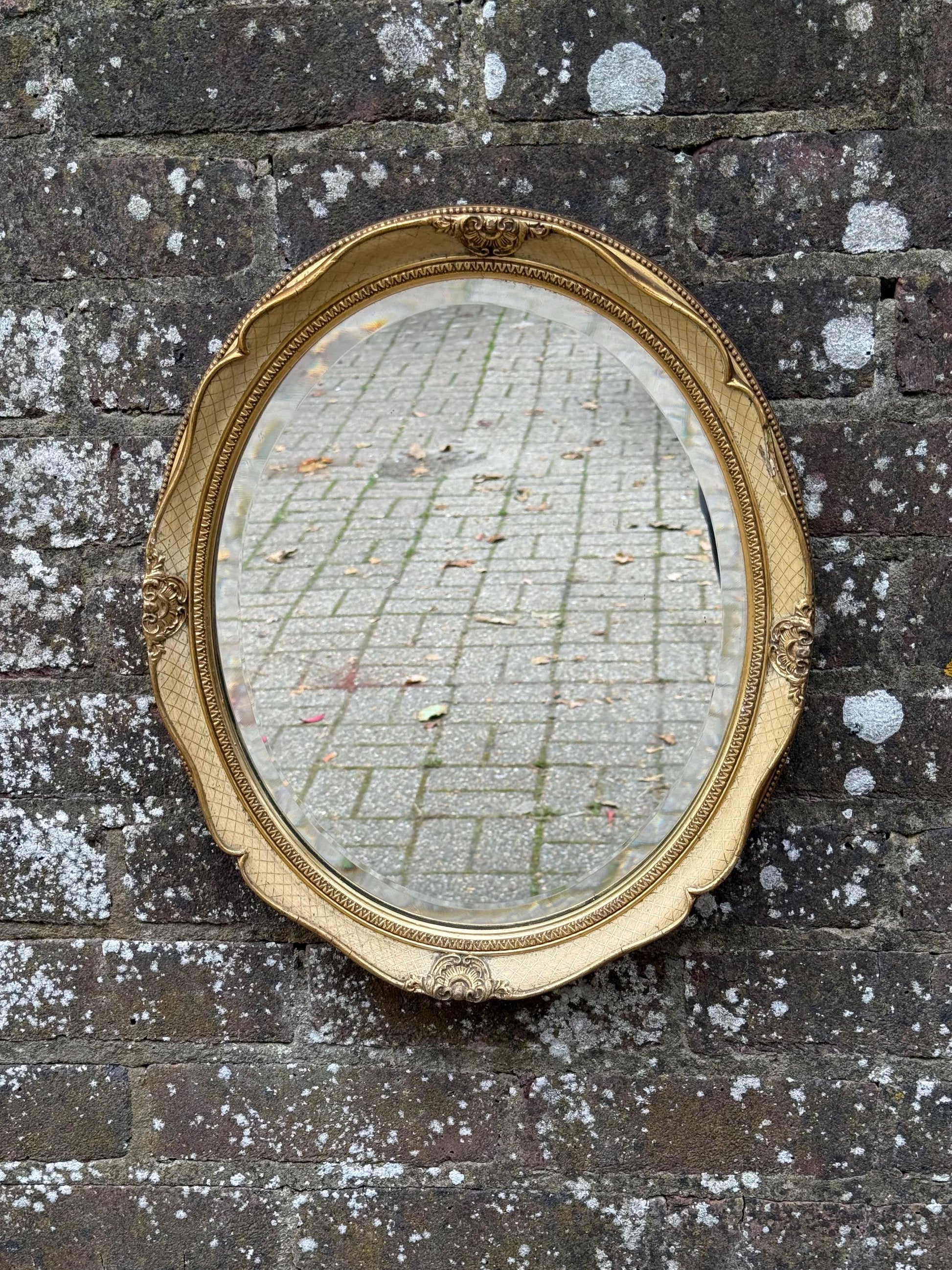 Gorgeous retro vintage mirror in cream and gold, Regency Style - small oval mirror