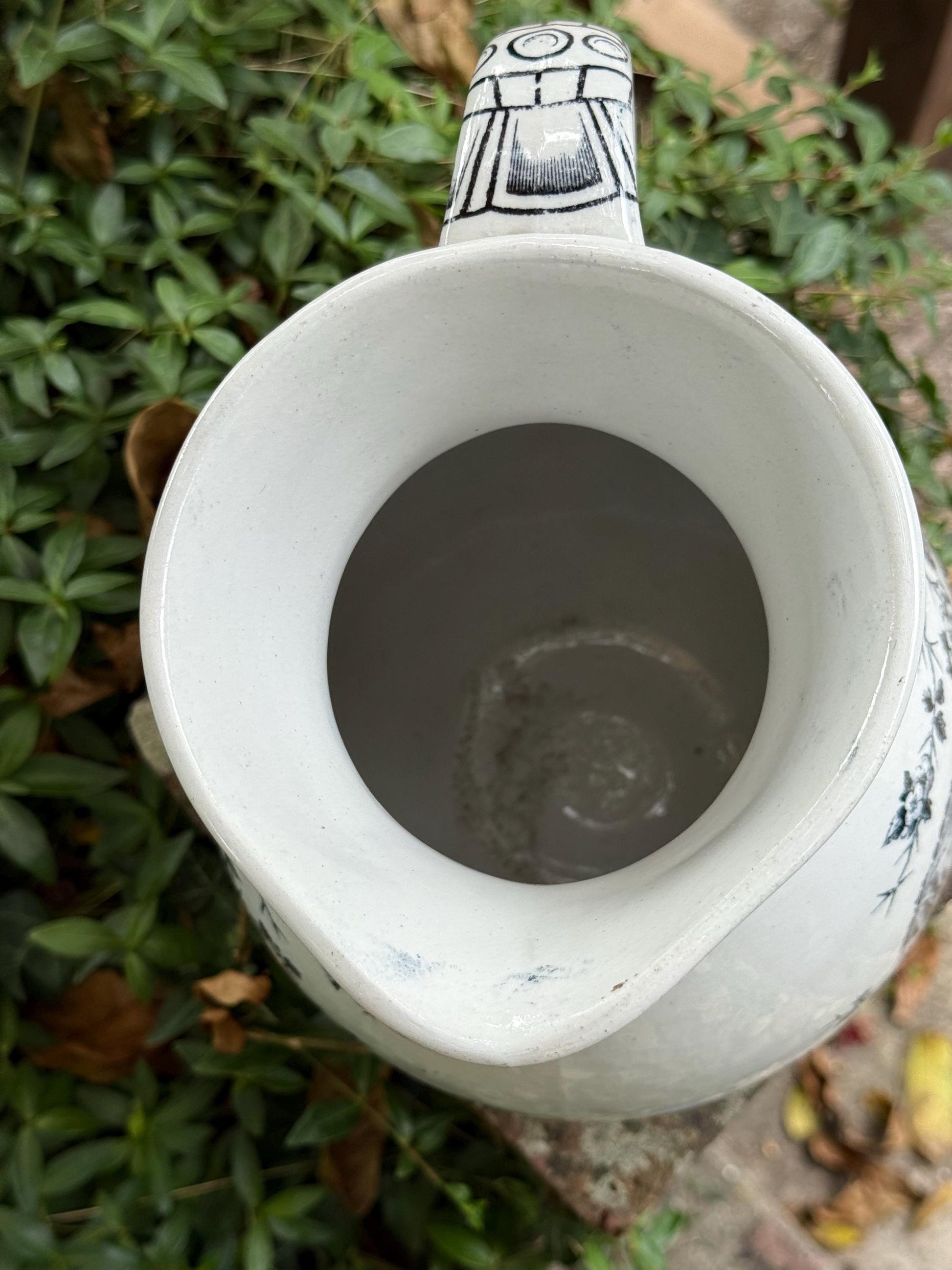 Large Antique c 1880s Pottery Jug/Vase - white pottery with Black Transfer Prints - Americana with Baltimore stamped on underside. Americana
