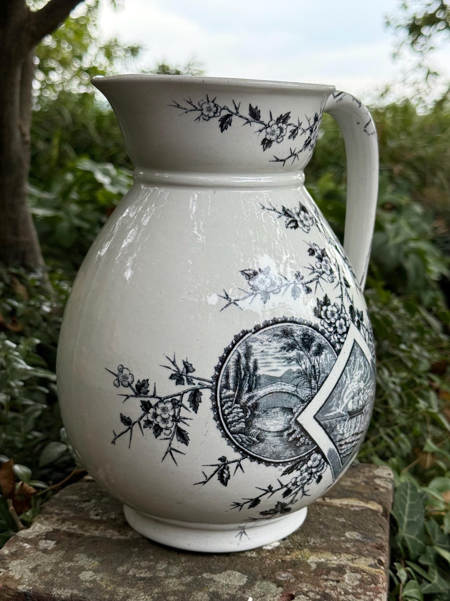 Large Antique c 1880s Pottery Jug/Vase - white pottery with Black Transfer Prints - Americana with Baltimore stamped on underside. Americana