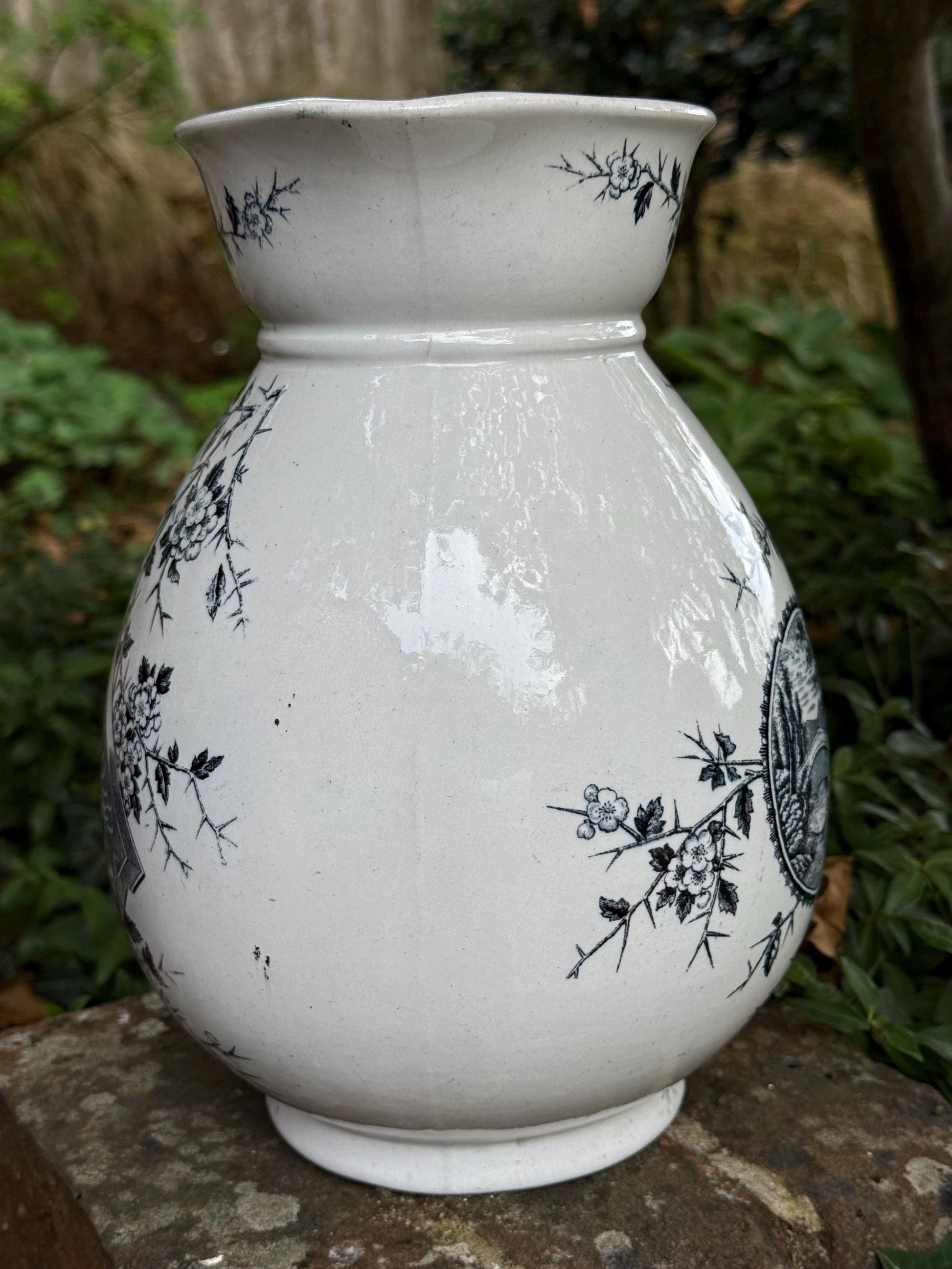 Large Antique c 1880s Pottery Jug/Vase - white pottery with Black Transfer Prints - Americana with Baltimore stamped on underside. Americana