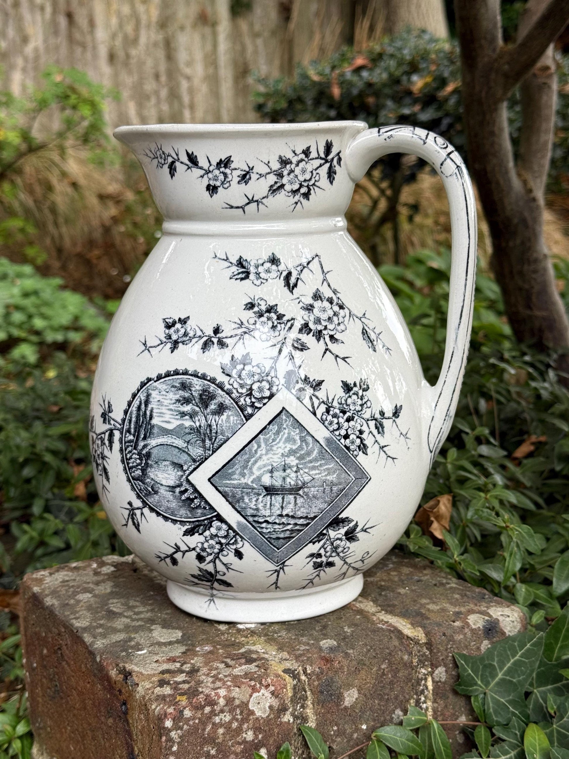 Large Antique c 1880s Pottery Jug/Vase - white pottery with Black Transfer Prints - Americana with Baltimore stamped on underside. Americana