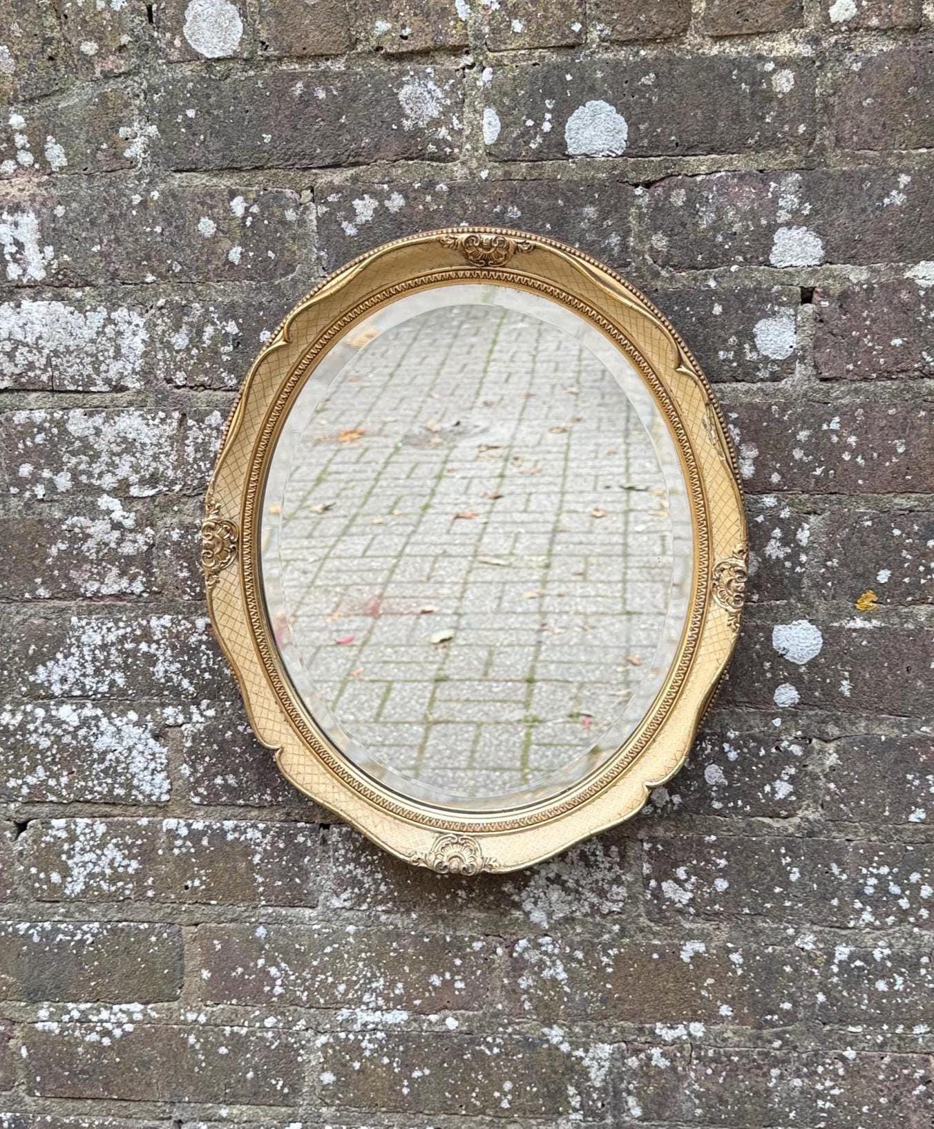 Gorgeous retro vintage mirror in cream and gold, Regency Style - small oval mirror