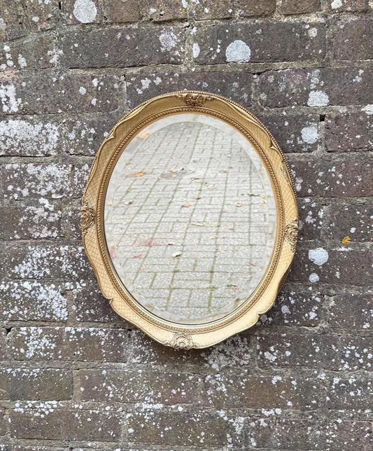 Gorgeous retro vintage mirror in cream and gold, Regency Style - small oval mirror
