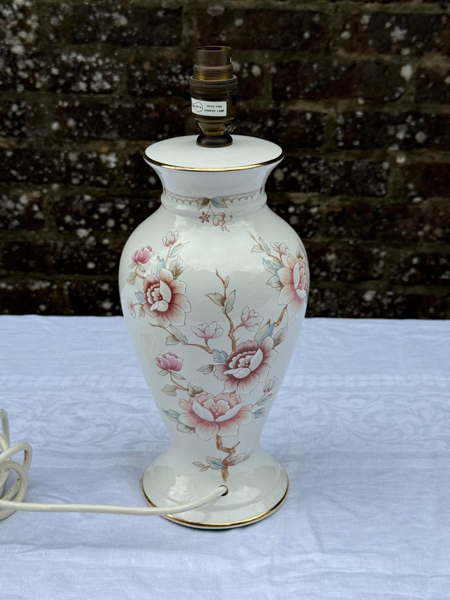 Vintage Marks & Spencer Floral Porcelain Lamp, Made in UK Ceramic Table Lamp with Rose and Floral painted decoration, 1980s, PAT tested
