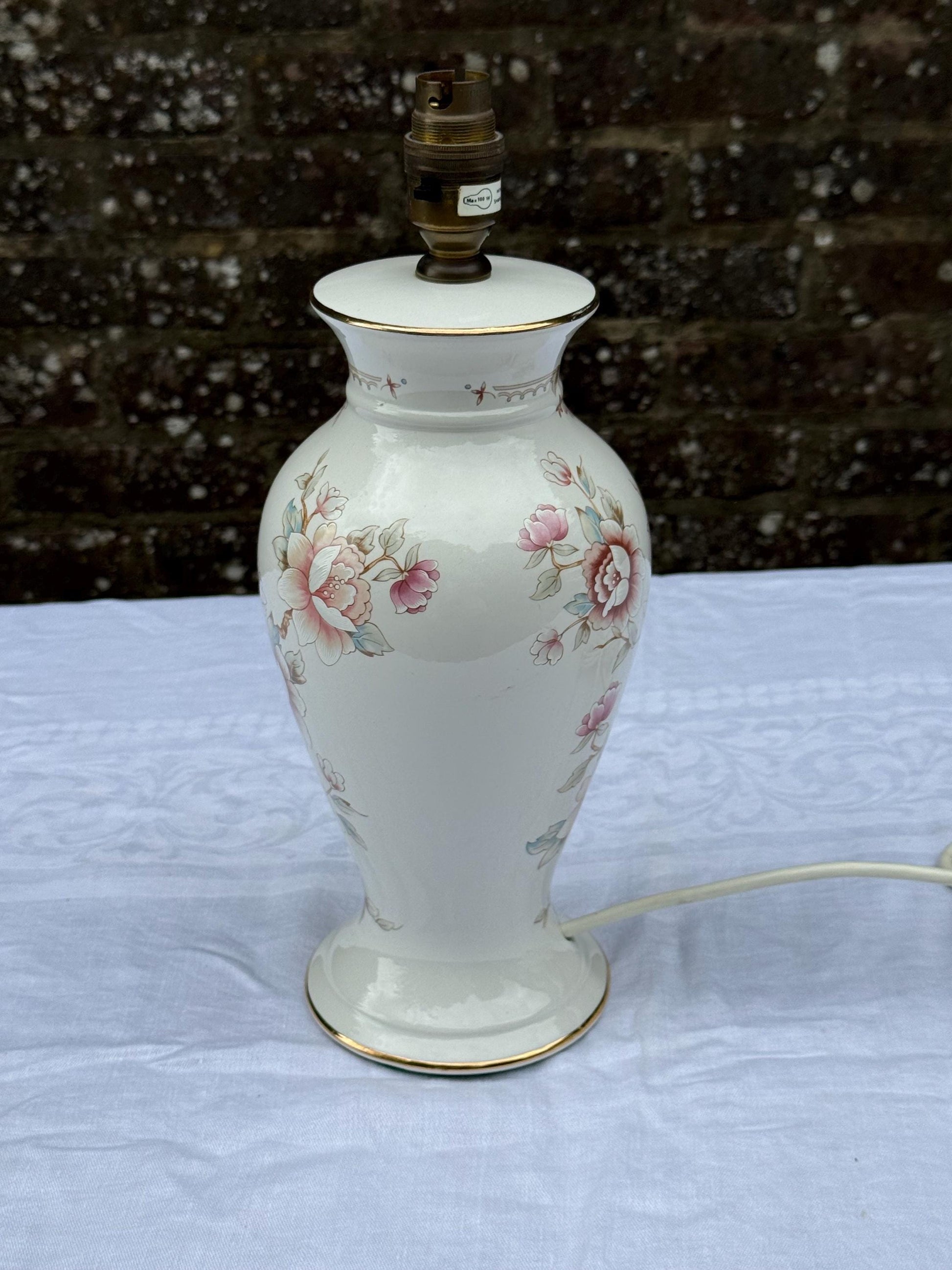 Vintage Marks & Spencer Floral Porcelain Lamp, Made in UK Ceramic Table Lamp with Rose and Floral painted decoration, 1980s, PAT tested