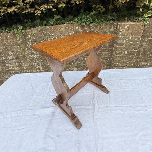 Antique Arts & Crafts Oak Side Table, Early 20th Century English Rustic Occasional Table with Carved Trestle Base