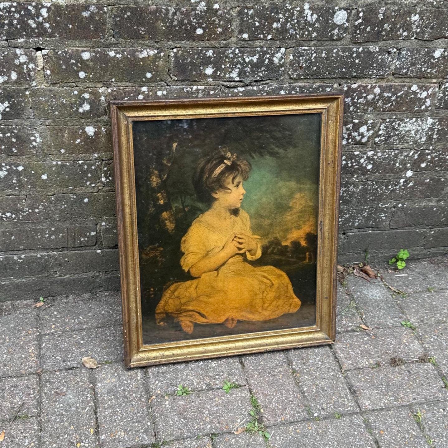 mid century  print of a Joshua Reynolds painting. The Age of Innocence. Gorgeous print of a girl. Wuality print in a lovely vintage wooden and gilt frame. A medici print