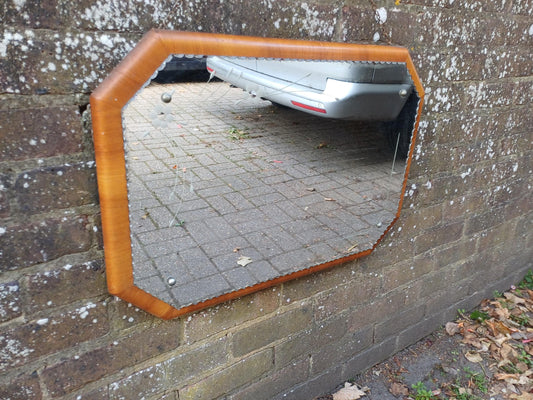 1930s Art Deco Etched Wall Mirror, Vintage Scalloped Bevelled Glass with Walnut Veneer Frame and Original Chain