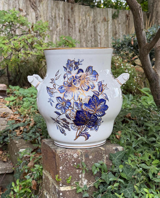 Antique Apsley Plants Slop Pail Jardinière – Victorian Blue & Gold Floral English Pottery Planter, 1890s , Victorian Planter, Ceramic Vase
