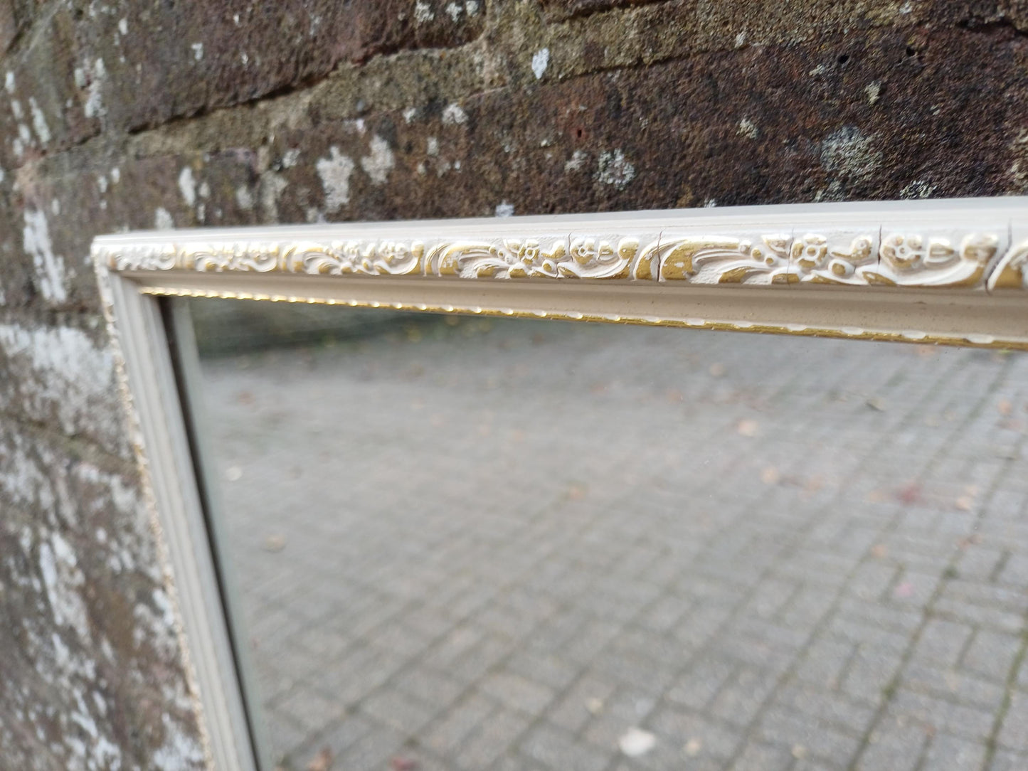 Vintage 1950s/60s Rectangular Wall Mirror – Cream Gesso Frame, Bevelled Glass, Mid Century Shabby Chic Hall or Bedroom Decor