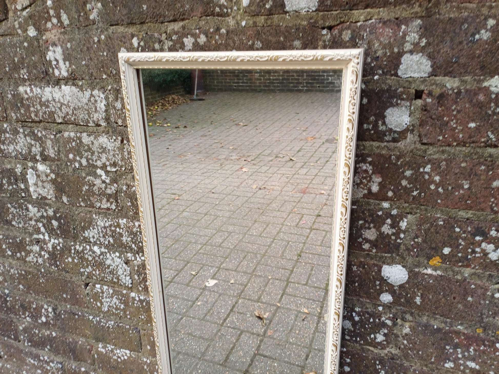 Vintage 1950s/60s Rectangular Wall Mirror – Cream Gesso Frame, Bevelled Glass, Mid Century Shabby Chic Hall or Bedroom Decor