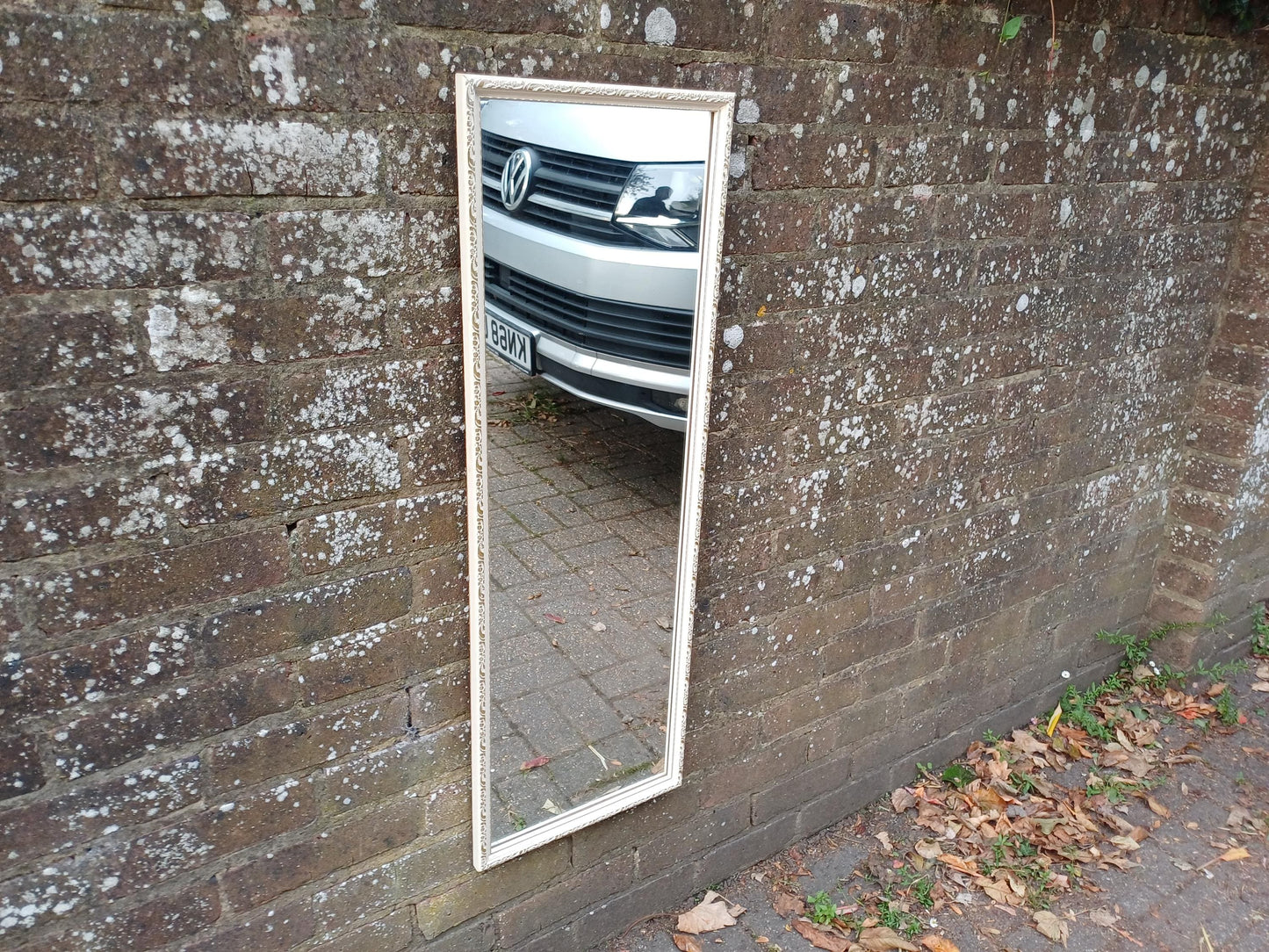 Vintage 1950s/60s Rectangular Wall Mirror – Cream Gesso Frame, Bevelled Glass, Mid Century Shabby Chic Hall or Bedroom Decor
