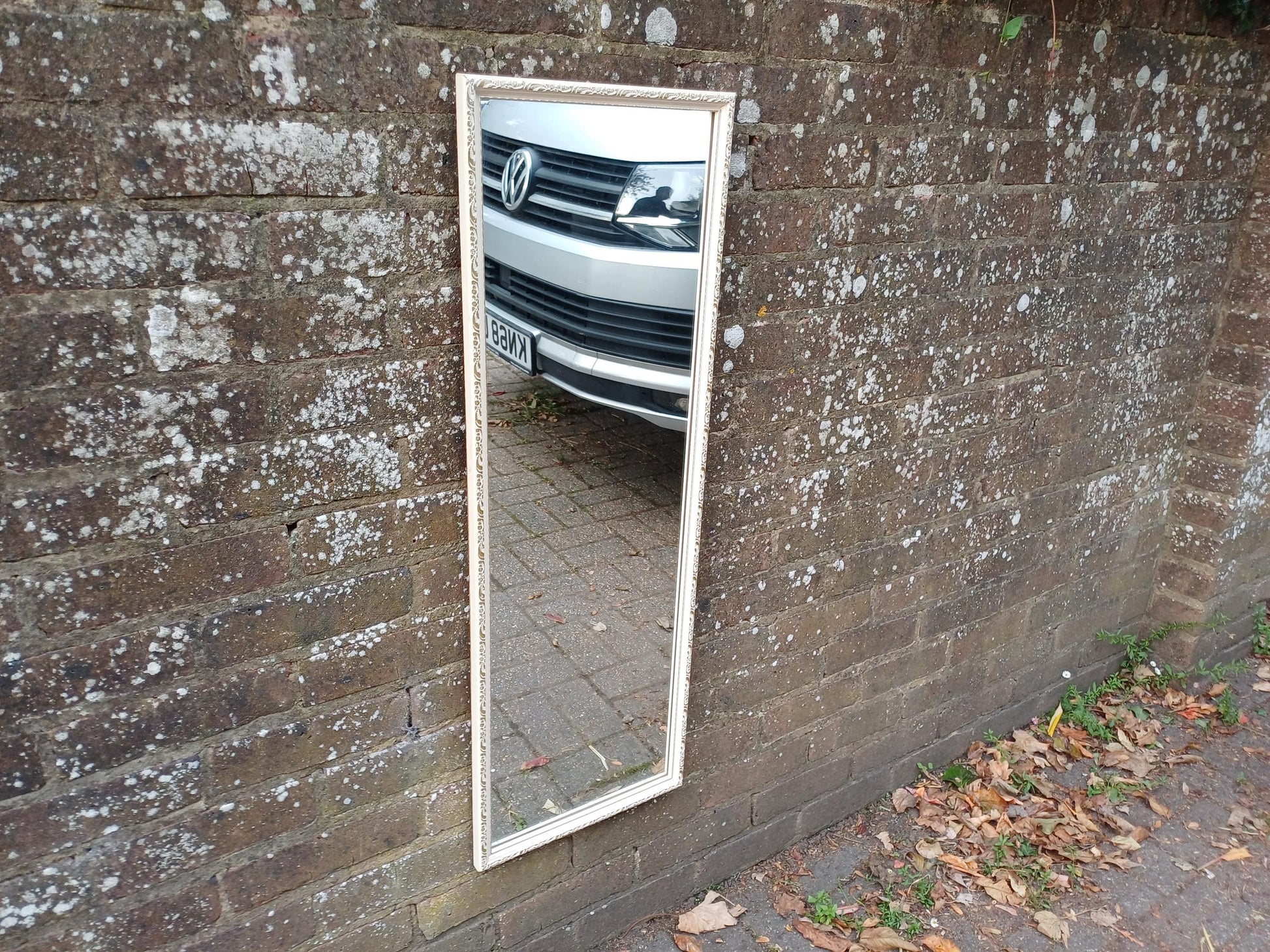Vintage 1950s/60s Rectangular Wall Mirror – Cream Gesso Frame, Bevelled Glass, Mid Century Shabby Chic Hall or Bedroom Decor