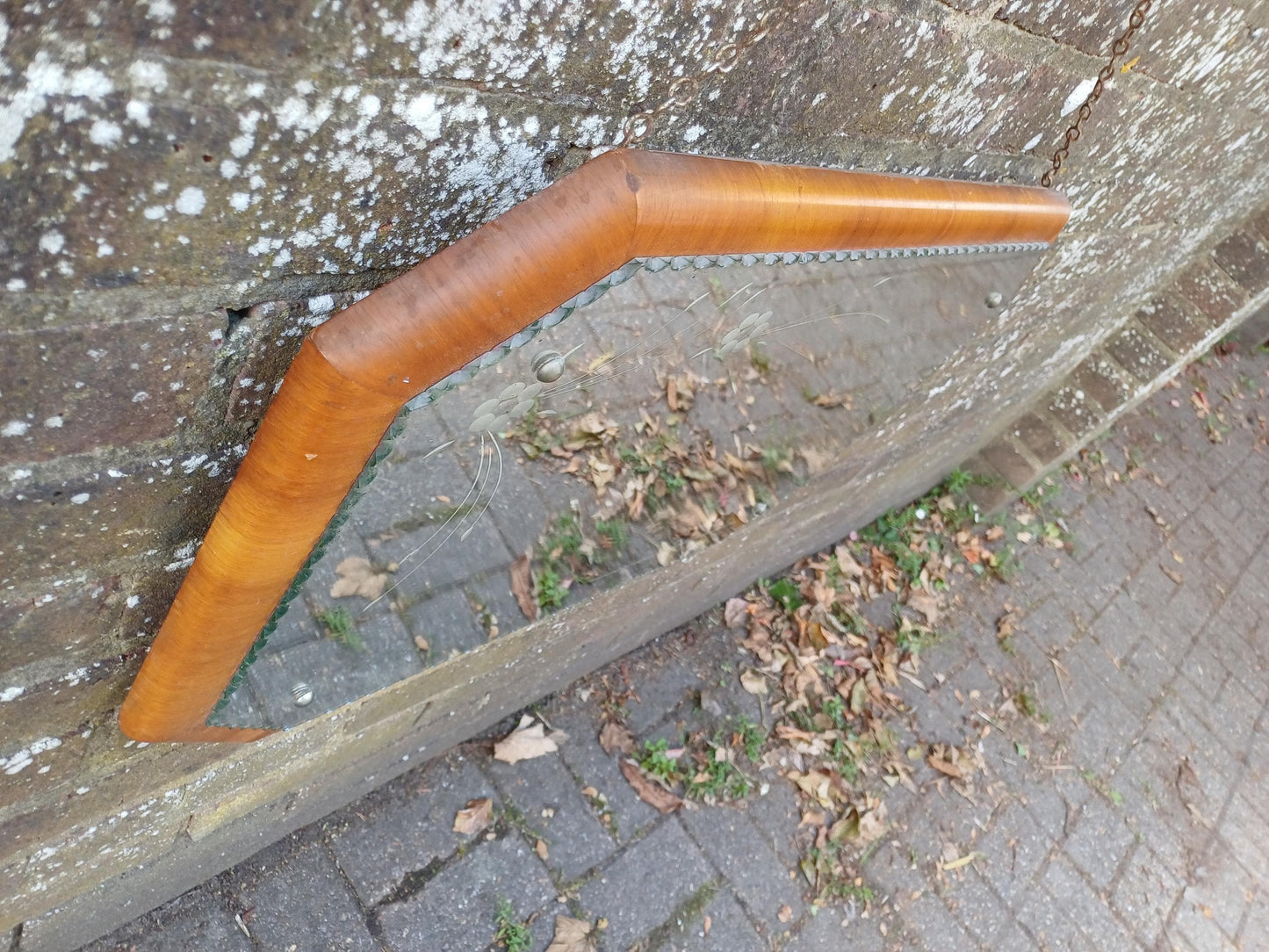 1930s Art Deco Etched Wall Mirror, Vintage Scalloped Bevelled Glass with Walnut Veneer Frame and Original Chain