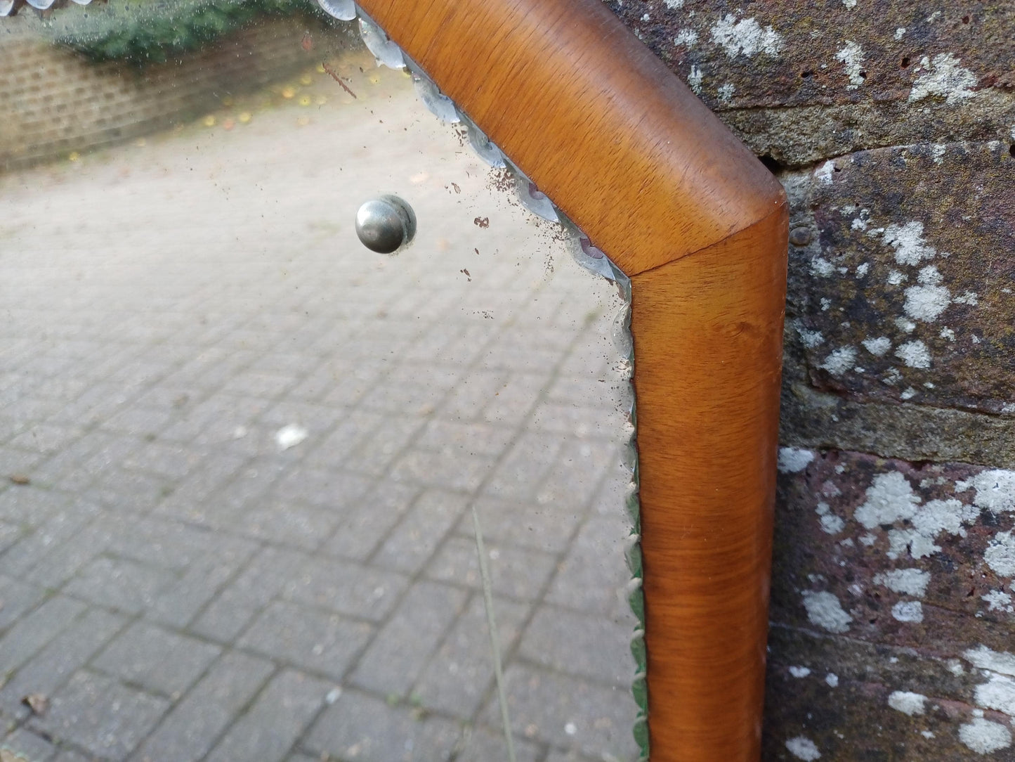1930s Art Deco Etched Wall Mirror, Vintage Scalloped Bevelled Glass with Walnut Veneer Frame and Original Chain
