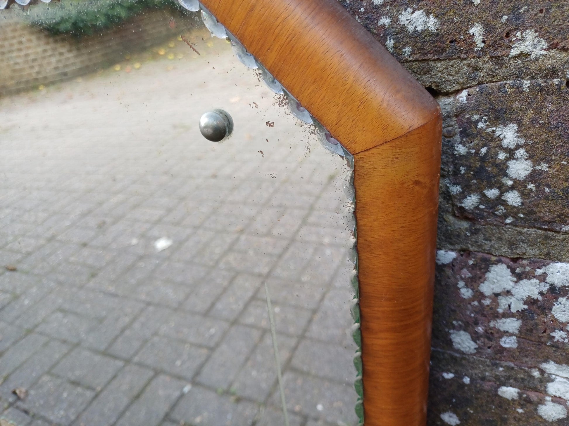 1930s Art Deco Etched Wall Mirror, Vintage Scalloped Bevelled Glass with Walnut Veneer Frame and Original Chain