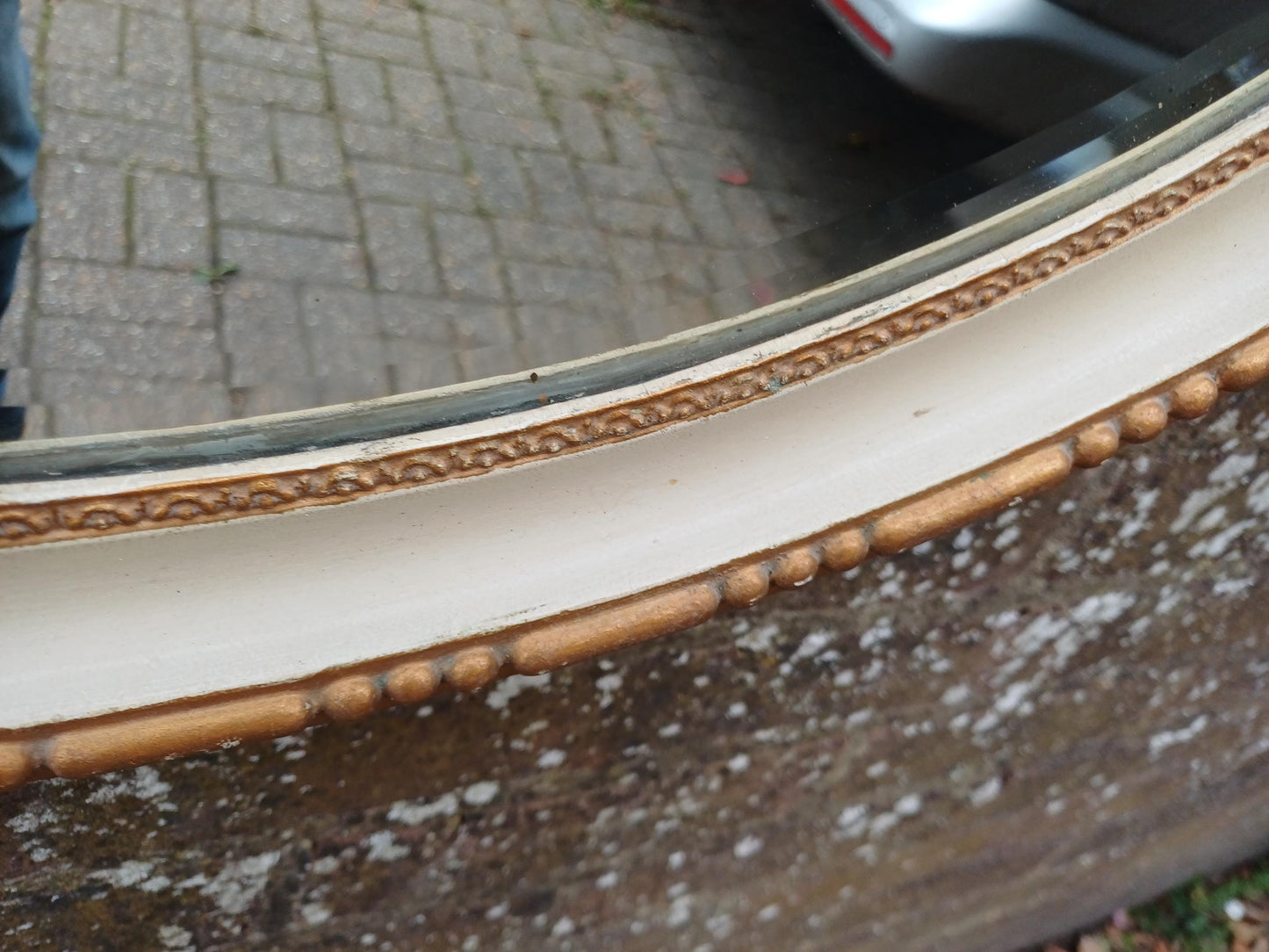 1930s Oval Cream & Gold Gilt Wall Mirror – Vintage Bevelled Glass Mirror, Antique French Cottagecore Shabby Chic Home Decor