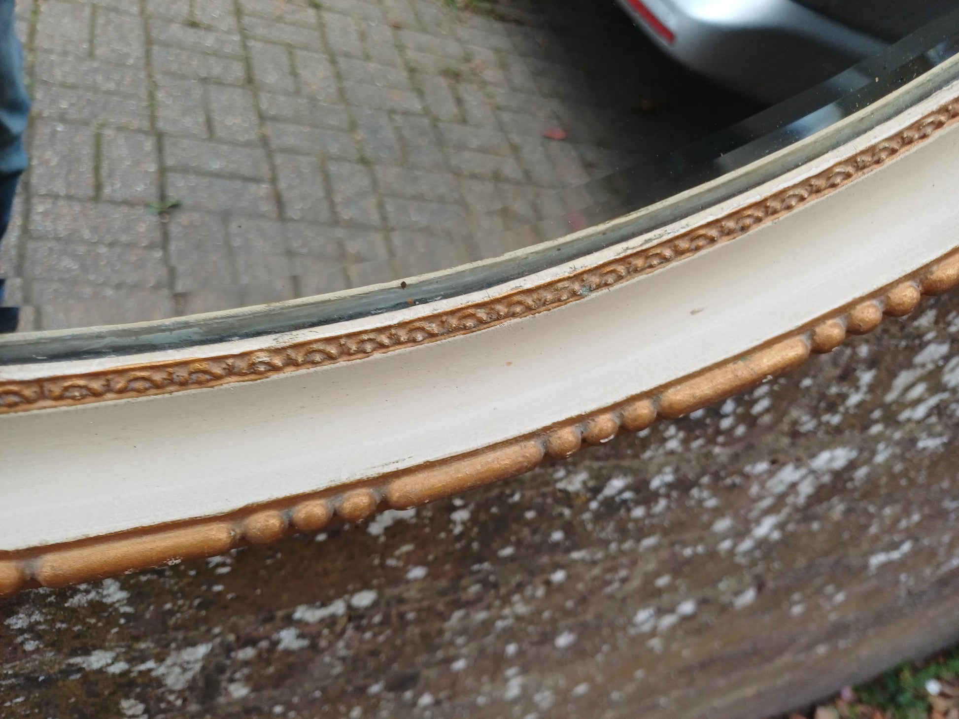 1930s Oval Cream & Gold Gilt Wall Mirror – Vintage Bevelled Glass Mirror, Antique French Cottagecore Shabby Chic Home Decor