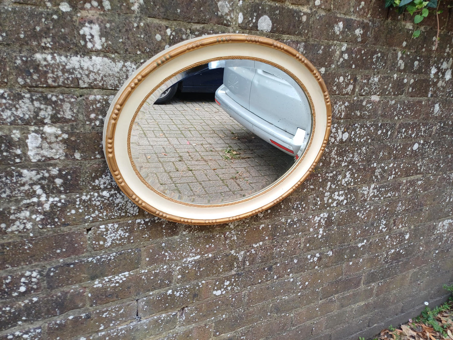 1930s Oval Cream & Gold Gilt Wall Mirror – Vintage Bevelled Glass Mirror, Antique French Cottagecore Shabby Chic Home Decor