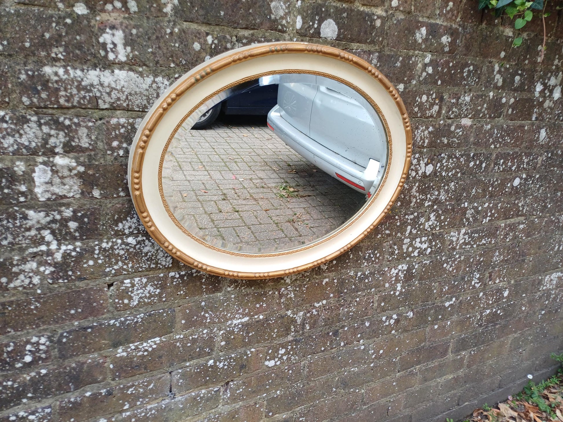 1930s Oval Cream & Gold Gilt Wall Mirror – Vintage Bevelled Glass Mirror, Antique French Cottagecore Shabby Chic Home Decor