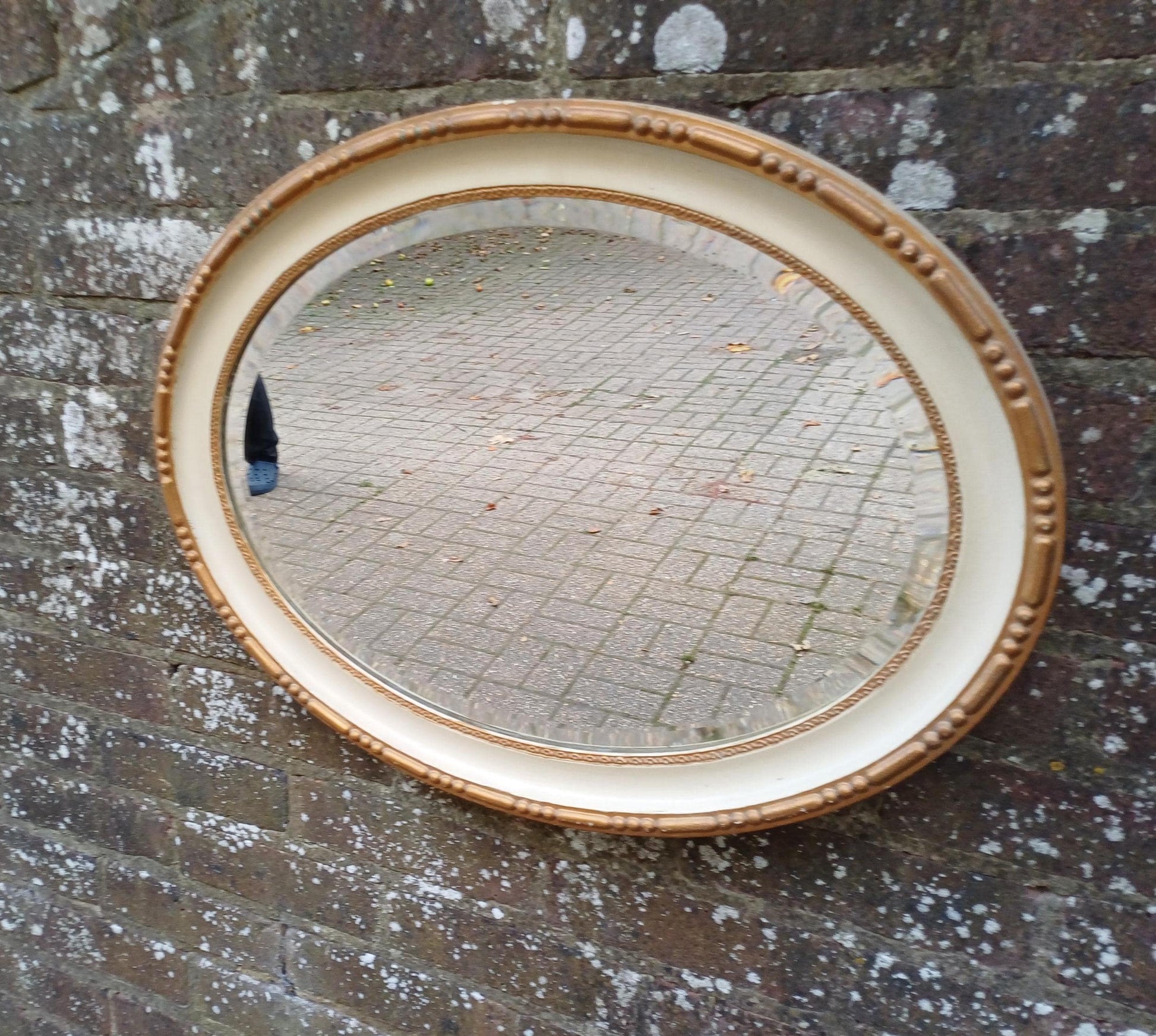 1930s Oval Cream & Gold Gilt Wall Mirror – Vintage Bevelled Glass Mirror, Antique French Cottagecore Shabby Chic Home Decor