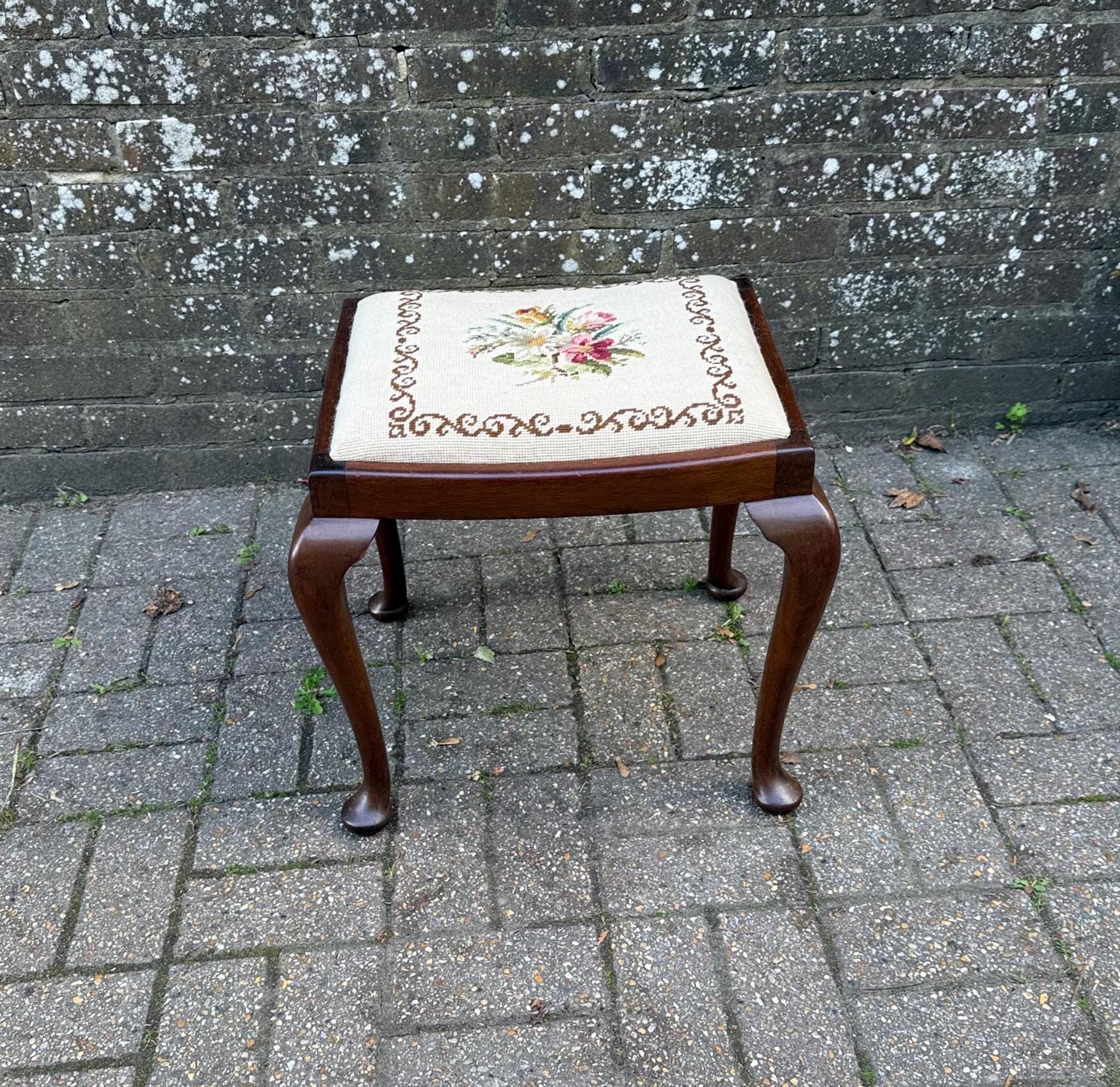 wooden vintage stool with cabriole legs and a tapestry needlepoint seat