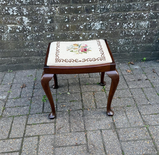 wooden vintage stool with cabriole legs and a tapestry needlepoint seat