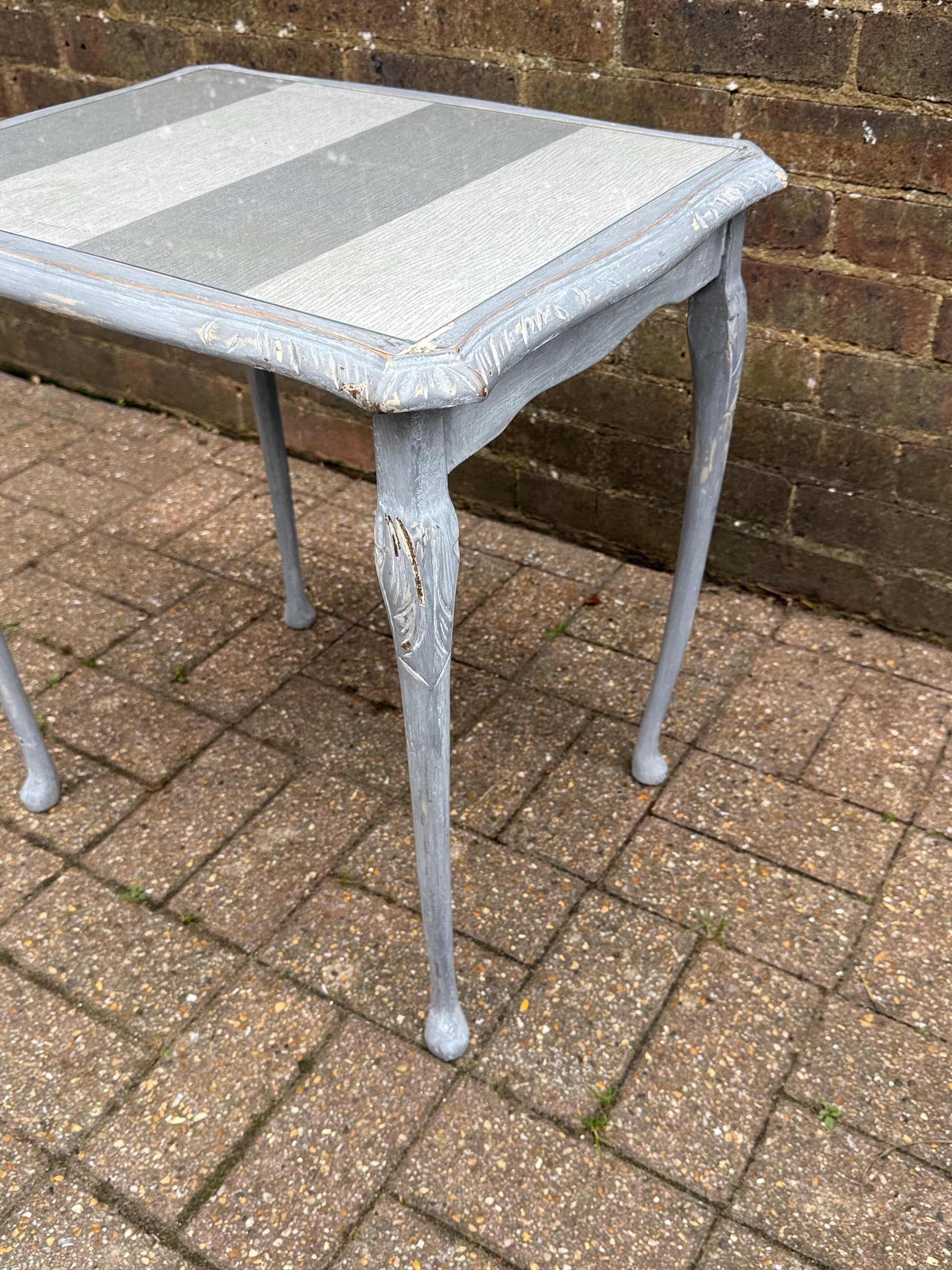 Upcycled vintage side table in shabby chic grey finish, glass top and changeable insert paper; refurbished side table, vintage coffee table