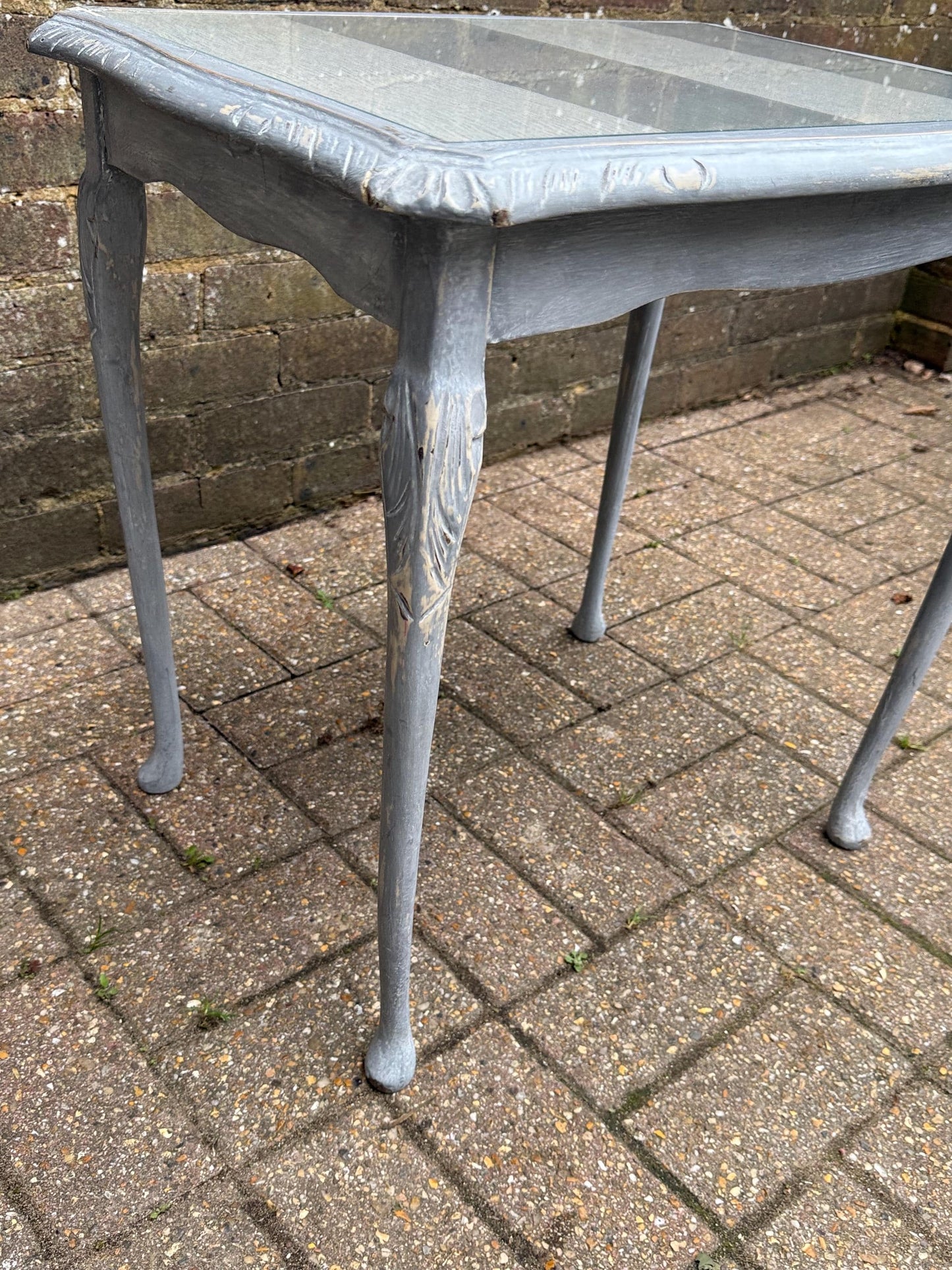 Upcycled vintage side table in shabby chic grey finish, glass top and changeable insert paper; refurbished side table, vintage coffee table