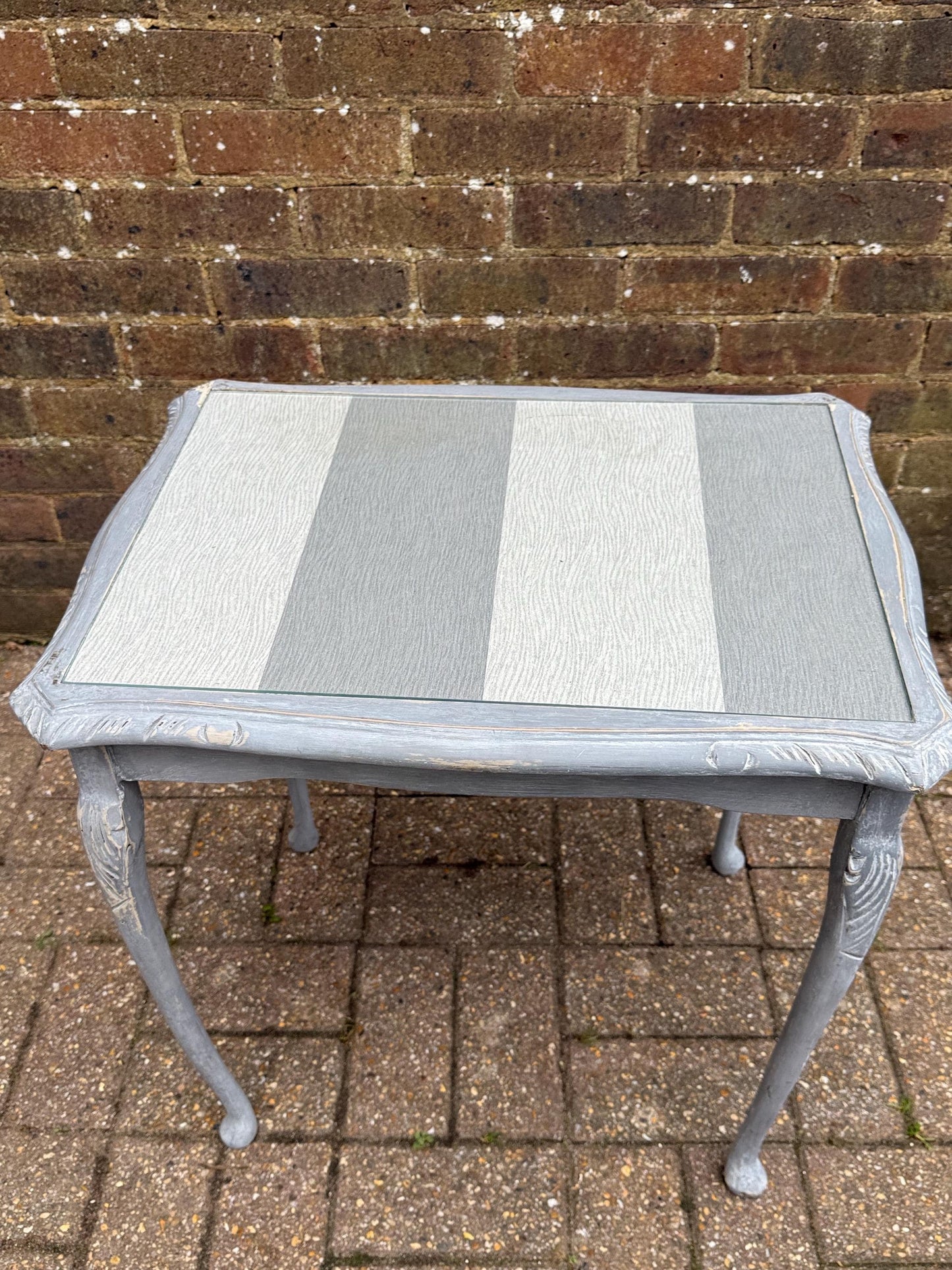 Upcycled vintage side table in shabby chic grey finish, glass top and changeable insert paper; refurbished side table, vintage coffee table
