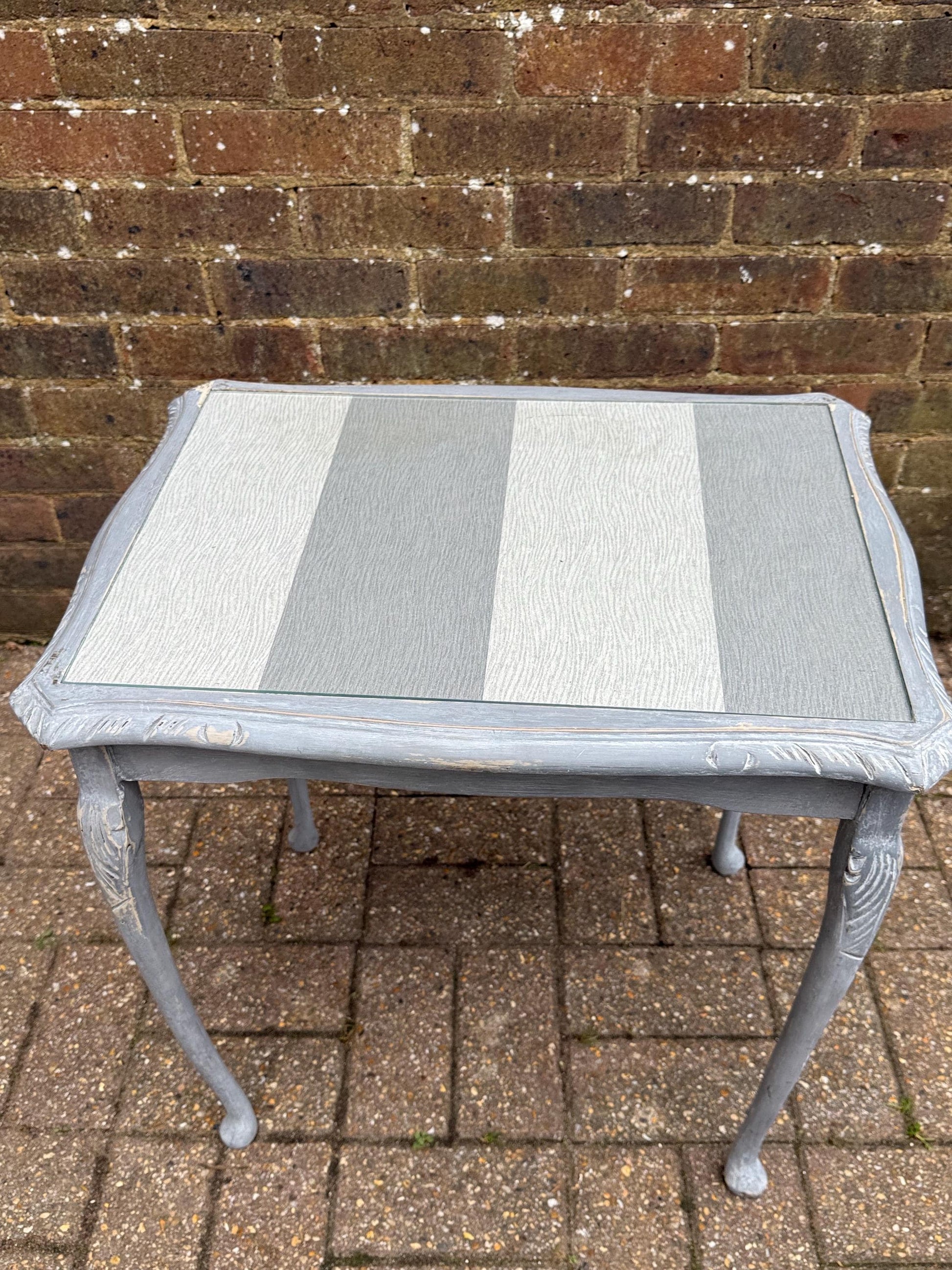 Upcycled vintage side table in shabby chic grey finish, glass top and changeable insert paper; refurbished side table, vintage coffee table