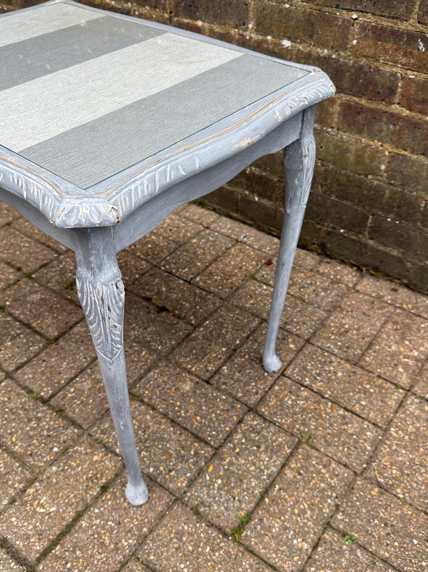 Upcycled vintage side table in shabby chic grey finish, glass top and changeable insert paper; refurbished side table, vintage coffee table