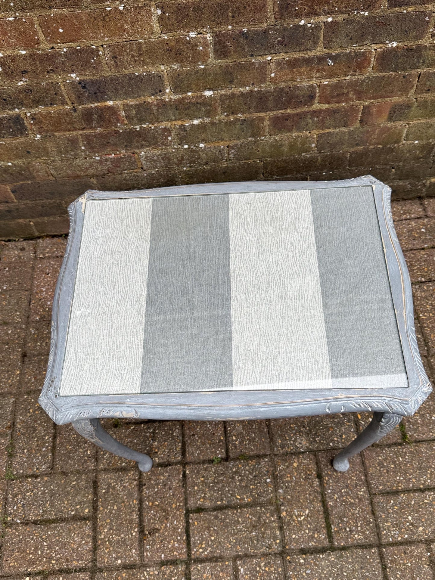 Upcycled vintage side table in shabby chic grey finish, glass top and changeable insert paper; refurbished side table, vintage coffee table