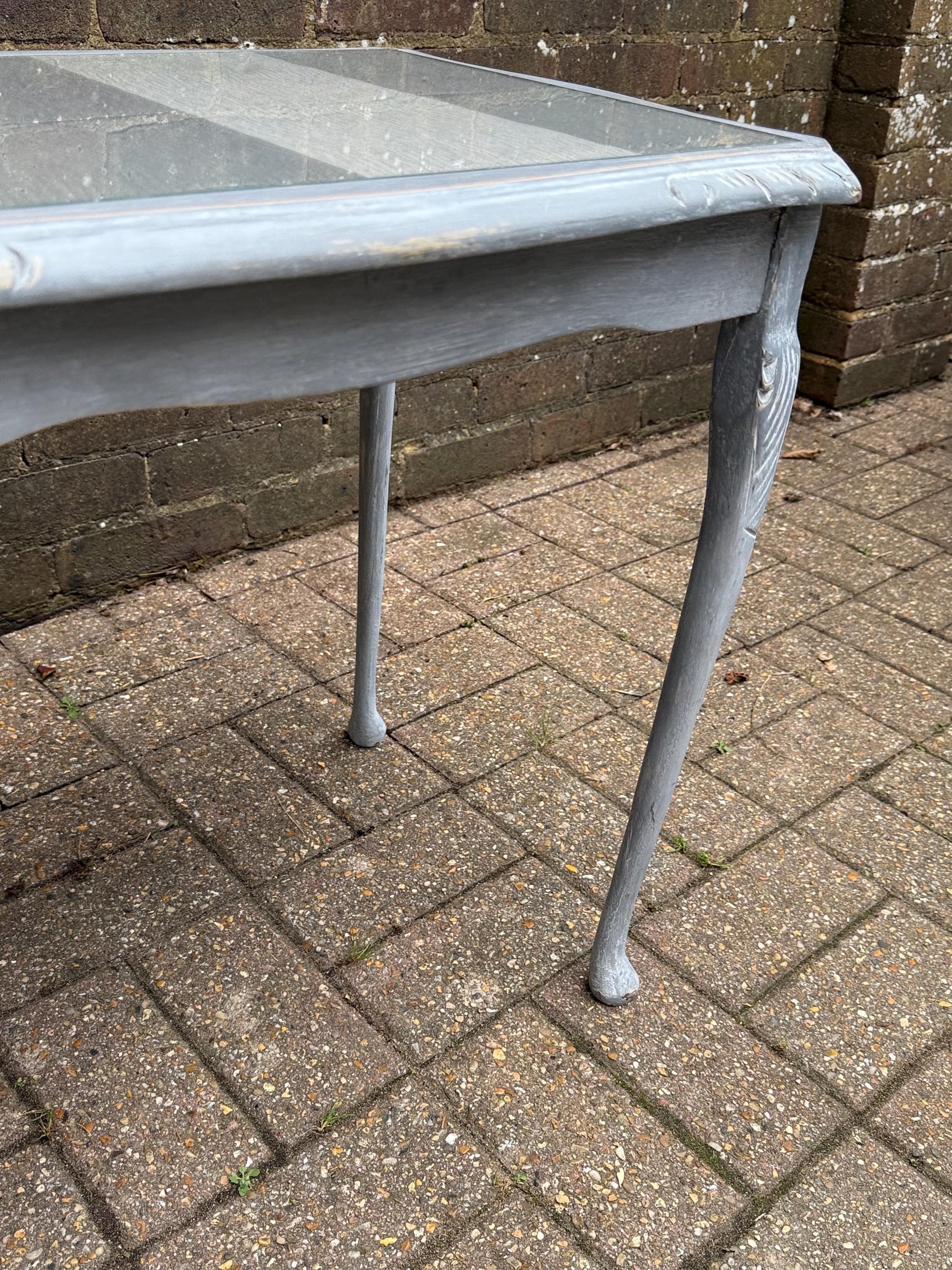 Upcycled vintage side table in shabby chic grey finish, glass top and changeable insert paper; refurbished side table, vintage coffee table