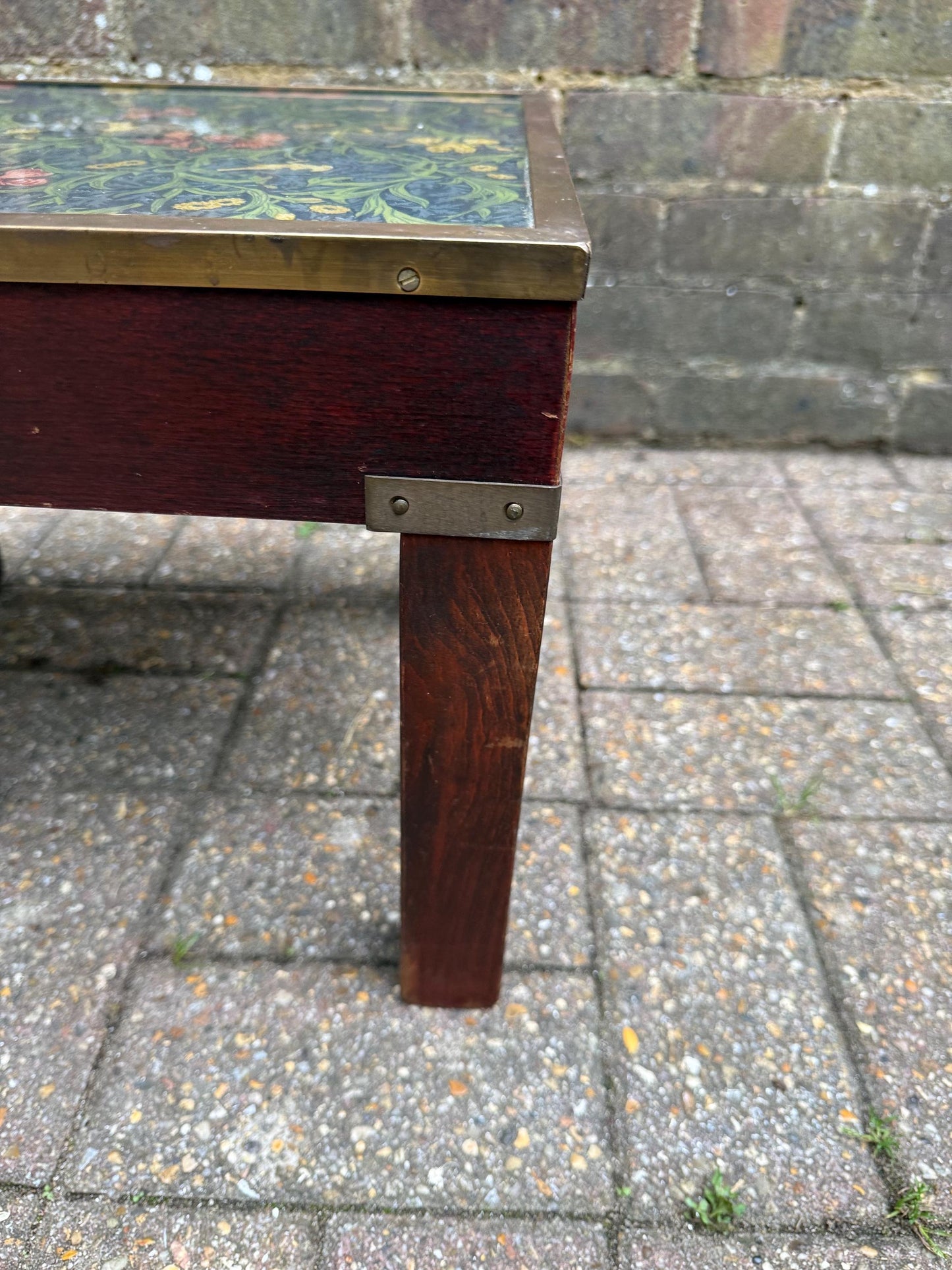 Vintage Hardwood & Brass Side Table with William Morris Floral Under Glass – Retro Accent Table or Plant Stand / Plant Table