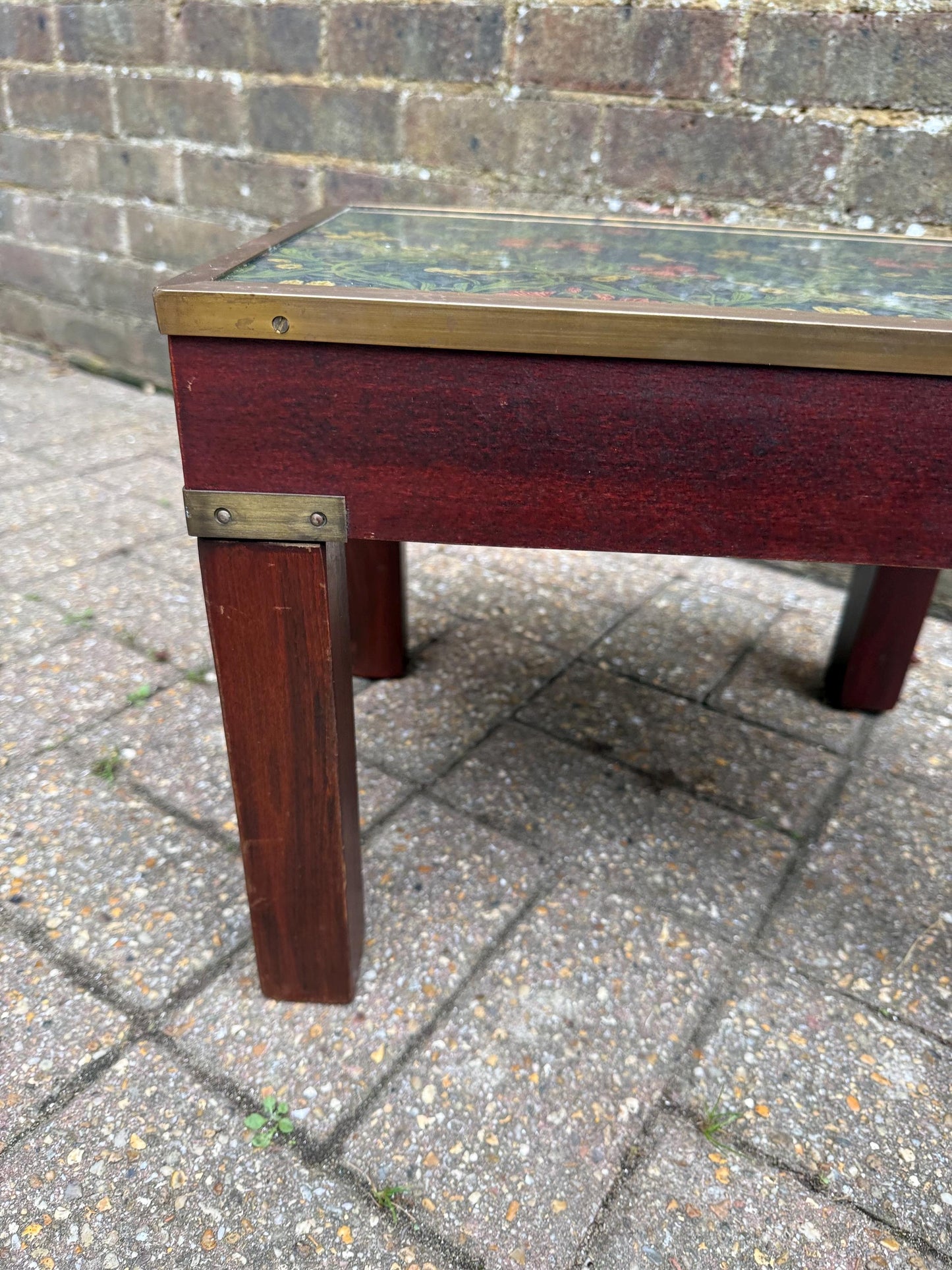Vintage Hardwood & Brass Side Table with William Morris Floral Under Glass – Retro Accent Table or Plant Stand / Plant Table