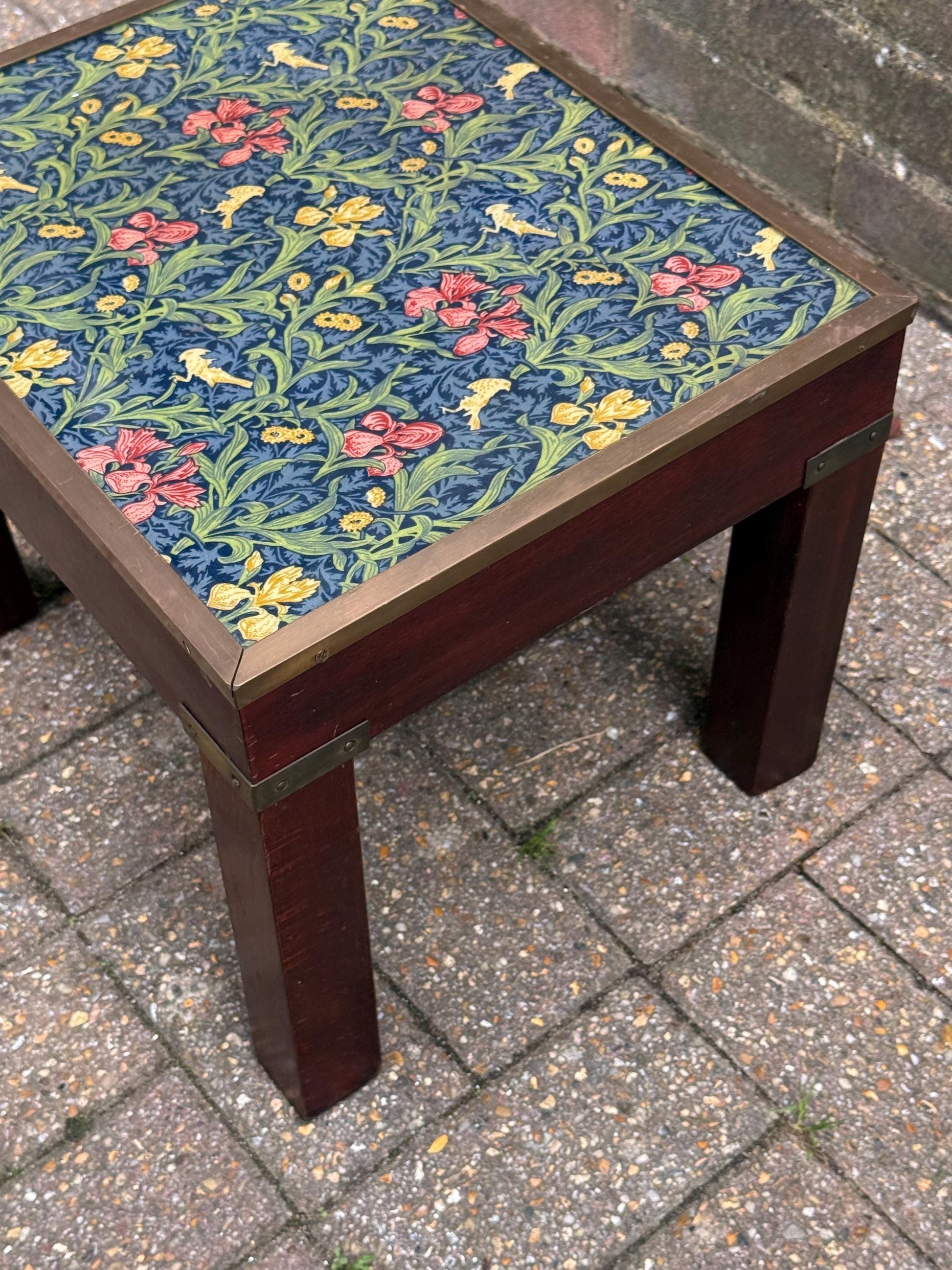 Vintage Hardwood & Brass Side Table with William Morris Floral Under Glass – Retro Accent Table or Plant Stand / Plant Table